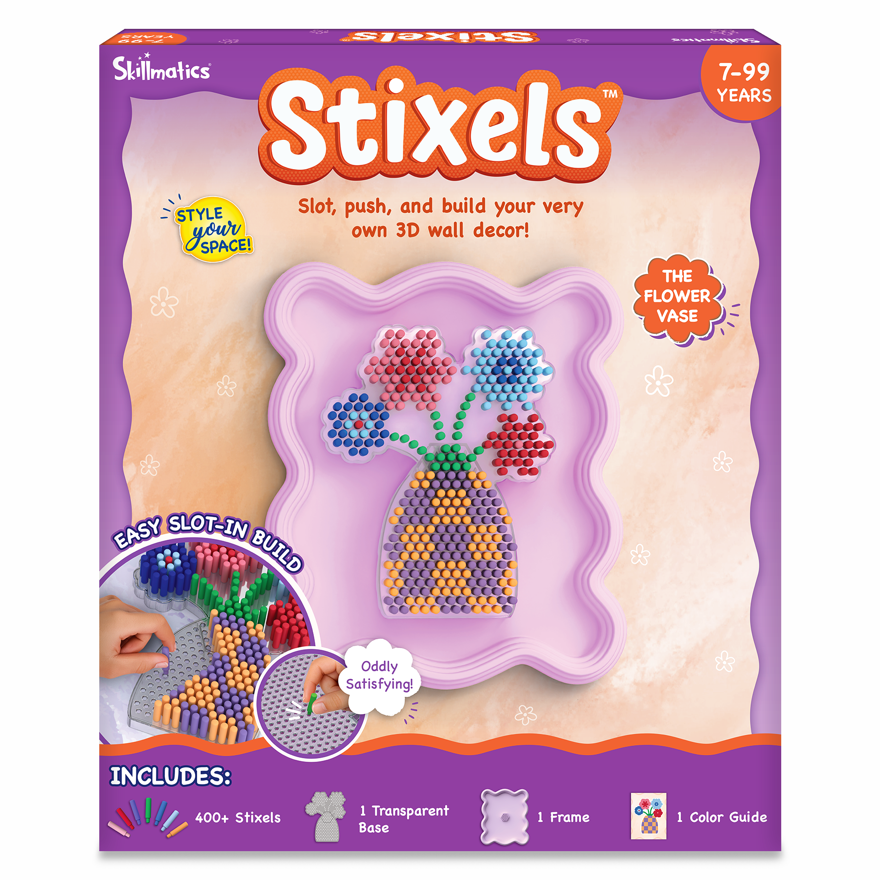 Stixels toy packaging with a flower vase design on a purple background