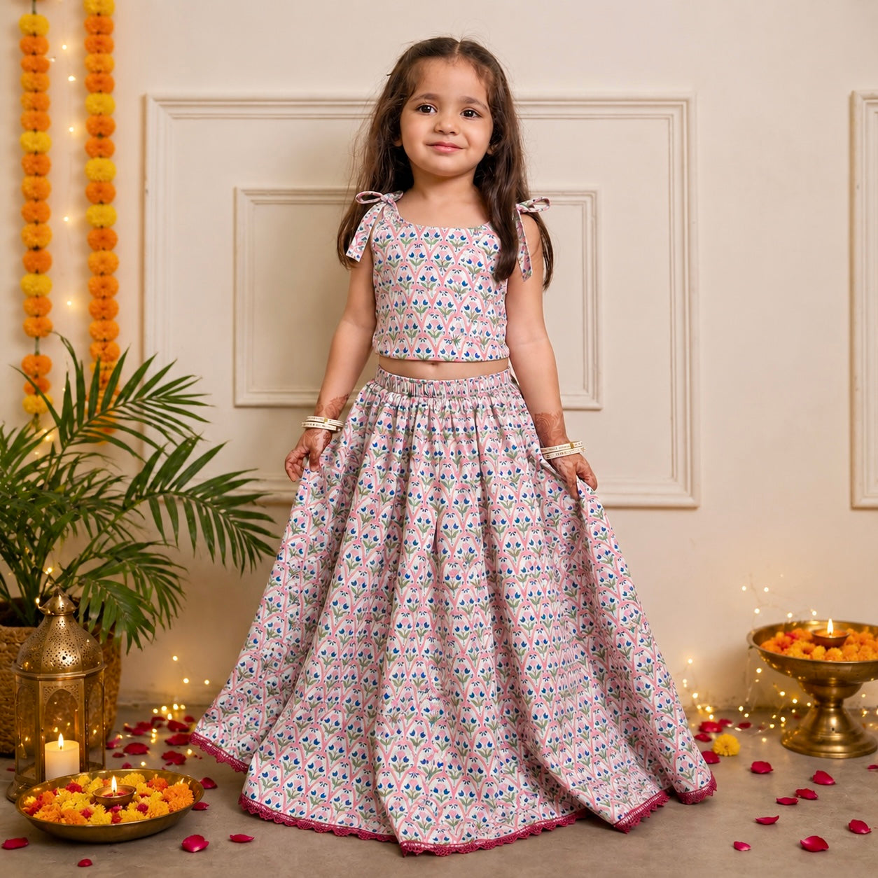 Girls Cotton Lehenga Set - Multiple Designs - Tulips design