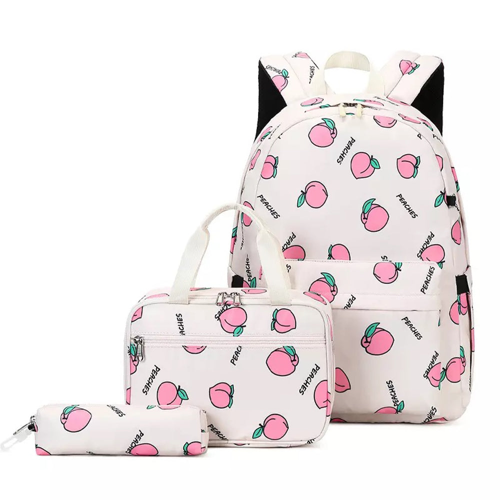 Mini Peaches 3 Pcs Matching Backpack With Lunch Bag & Stationery Pouch, Cream