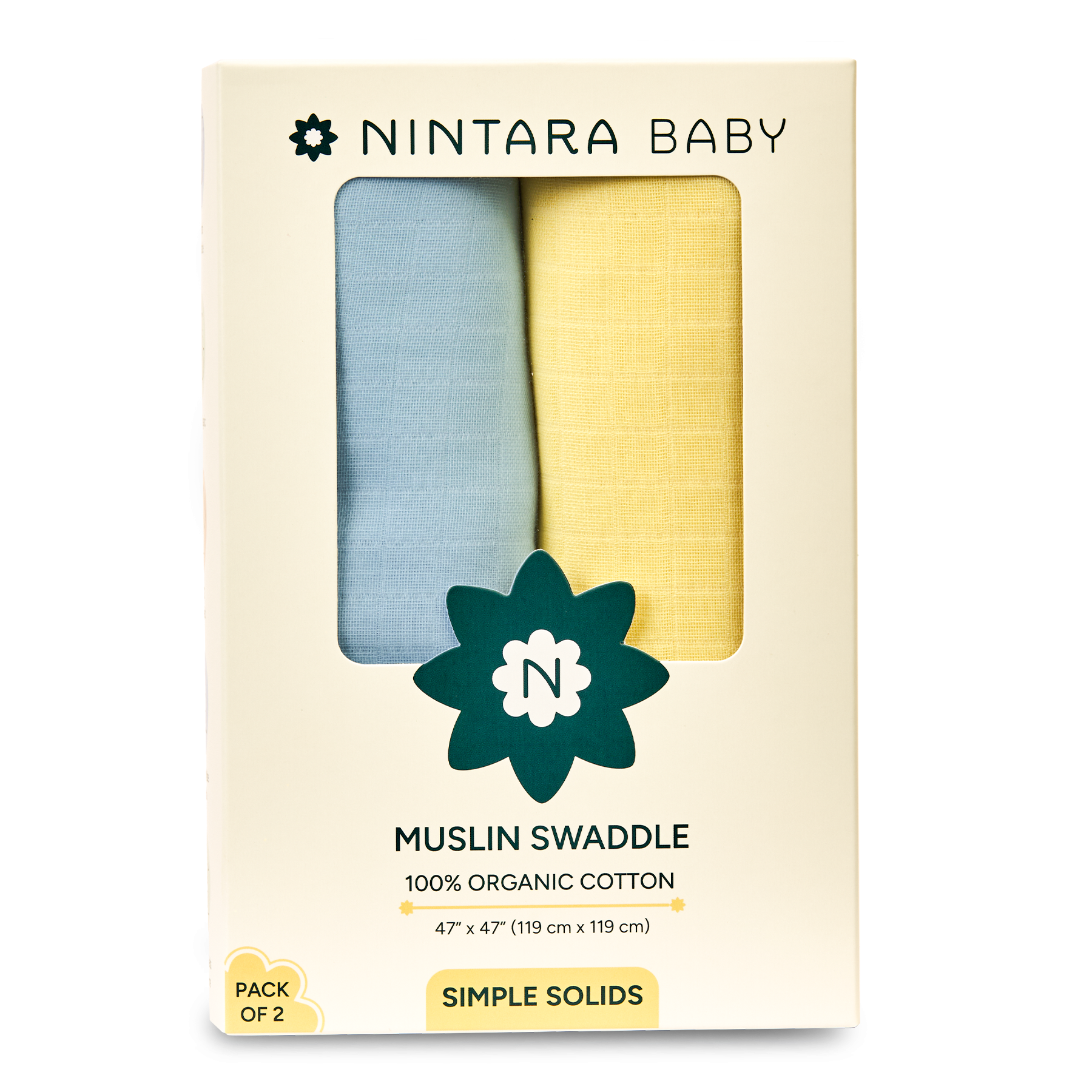 Nintara Baby Extra-Large Swaddle - 100% Organic Premium Muslin Cotton, 47" x 47" (119 cm x 119 cm), Ultra-Soft, Breathable & Lightweight, Multipurpose, Unisex, Hypoallergenic, Gifts for Newborn Babies