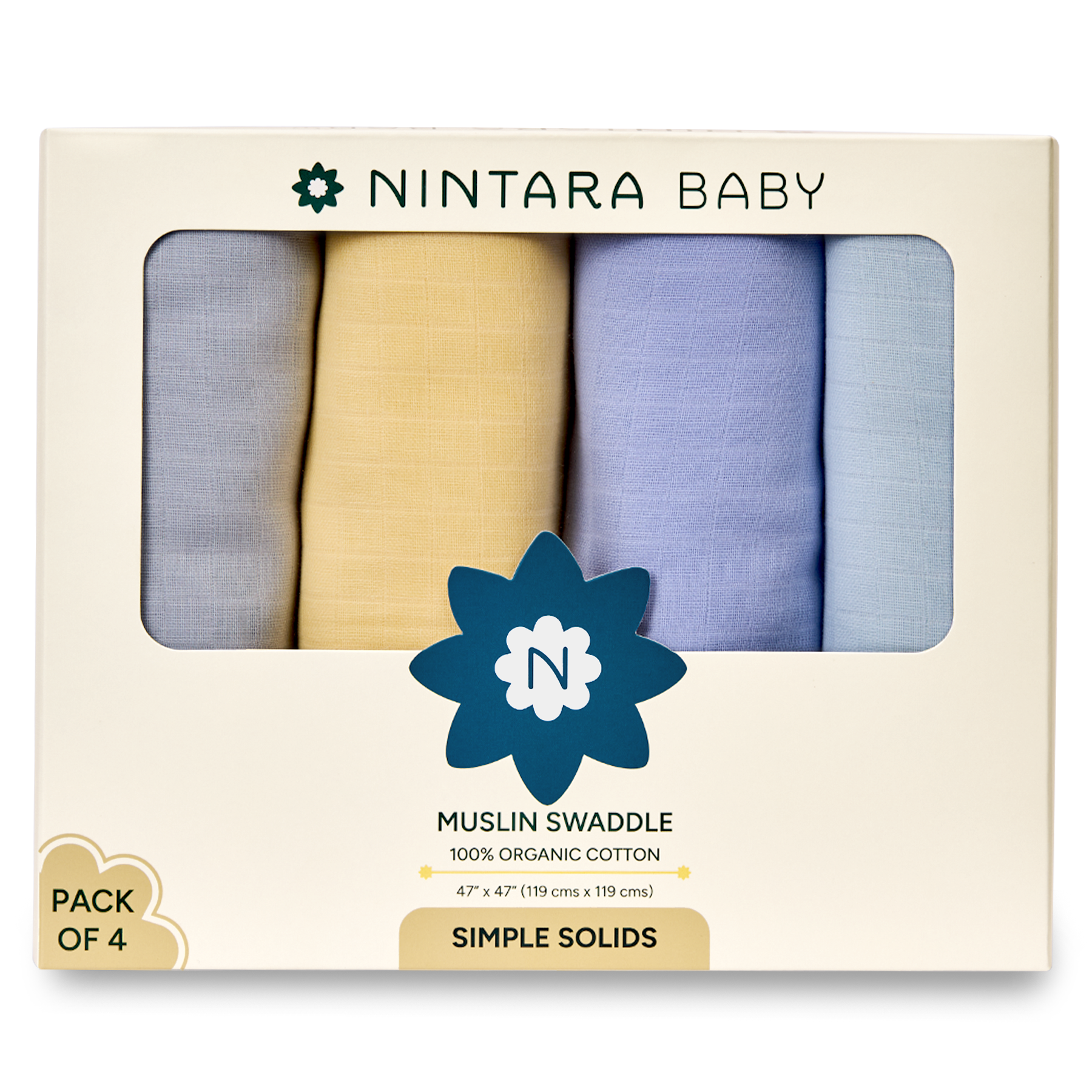 Nintara Baby Extra-Large Swaddle - 100% Organic Premium Muslin Cotton, 47" x 47" (119 cm x 119 cm), Ultra-Soft, Breathable & Lightweight, Multipurpose, Unisex, Hypoallergenic, Gifts for Newborn Babies