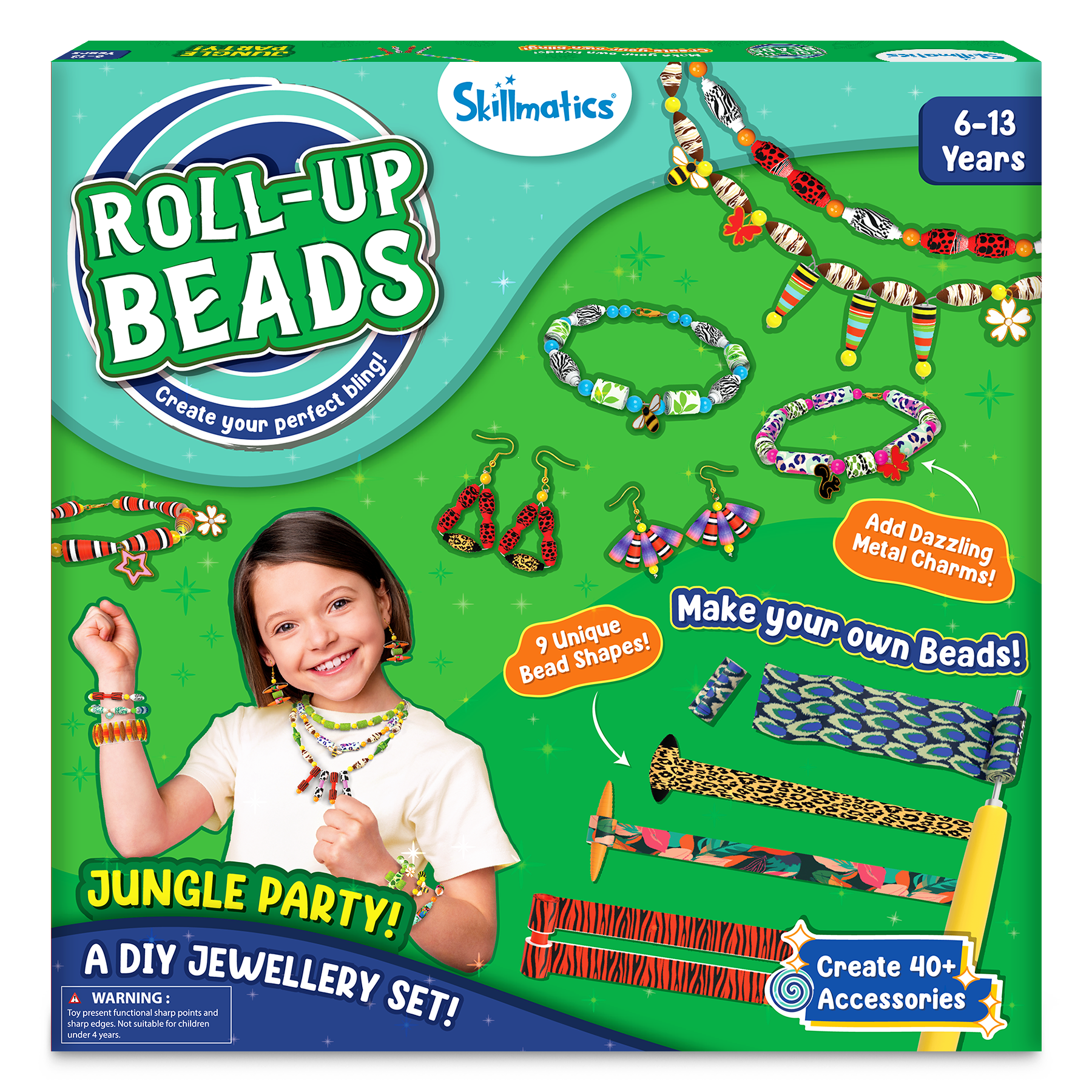 Skillmatics Craft Activity - Roll-Up Beads Jungle Party DIY Kit, 350+ Charms & Beads, Create 40+ Necklaces, Earrings and Bracelets, Gifts for Tweens and Girls, Ages 6, 7, 8, 9, 10, 11, 12, 13