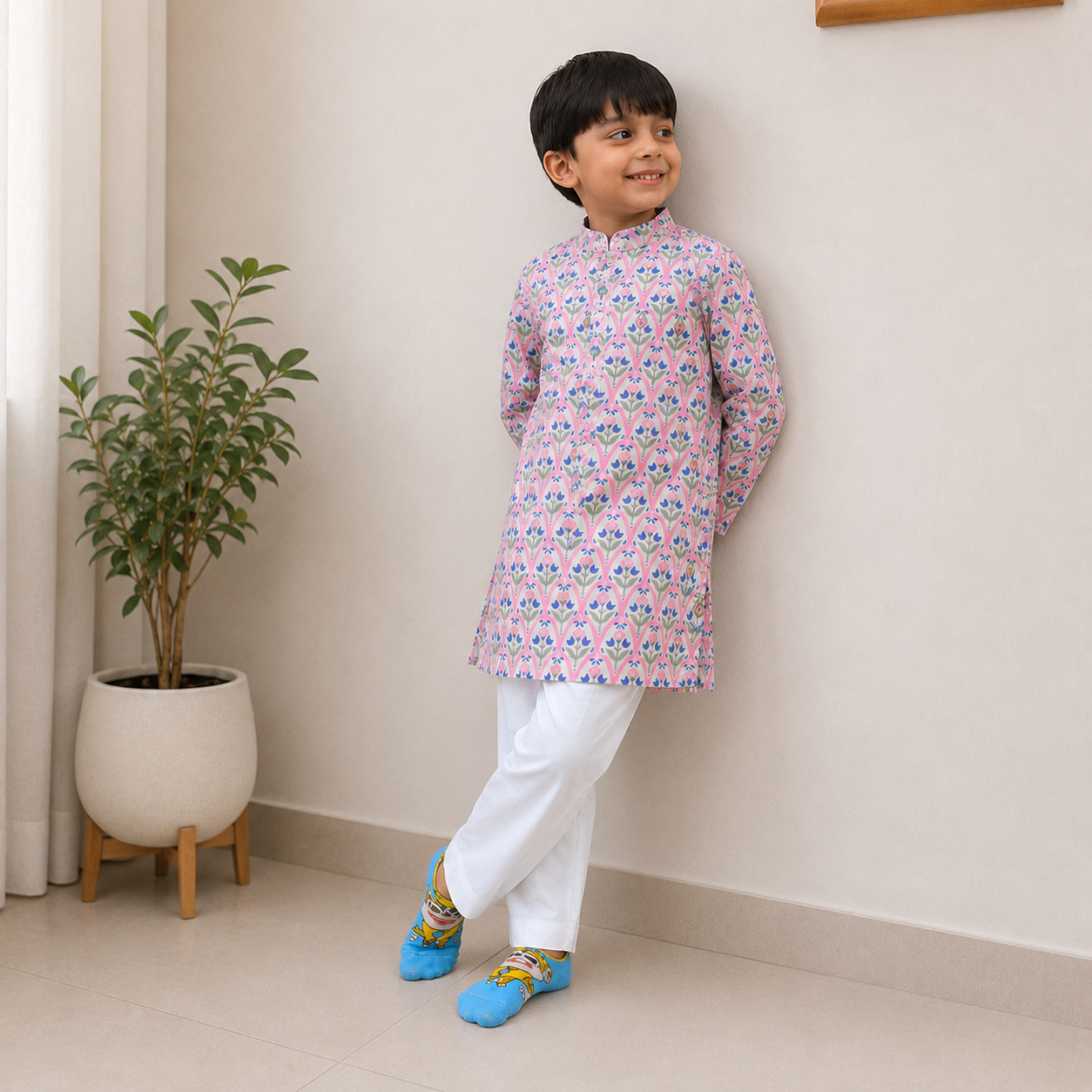 Boys Cotton Kurta Set - Multiple Designs - Tulips design