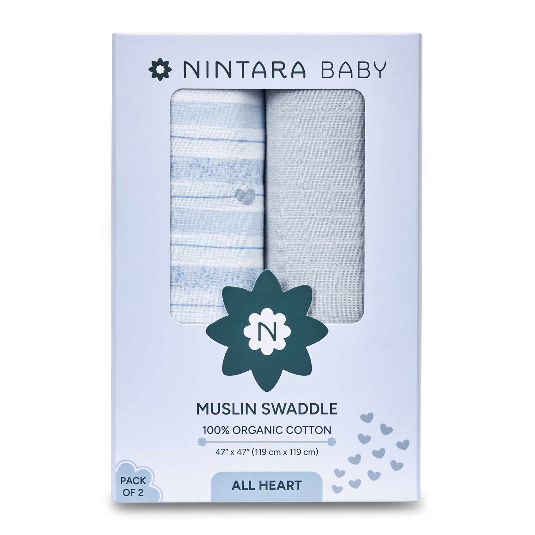 Nintara Baby Extra-Large Swaddle - 100% Organic Premium Muslin Cotton, 47" x 47" (119 cm x 119 cm), Ultra-Soft, Breathable & Lightweight, Multipurpose, Unisex, Hypoallergenic, Gifts for Newborn Babies