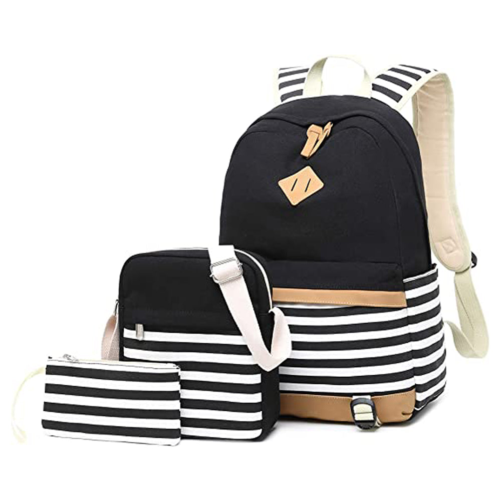 Black Stripes 3 Pcs Matching Backpack With Lunch Bag & Stationery Pouch, Black