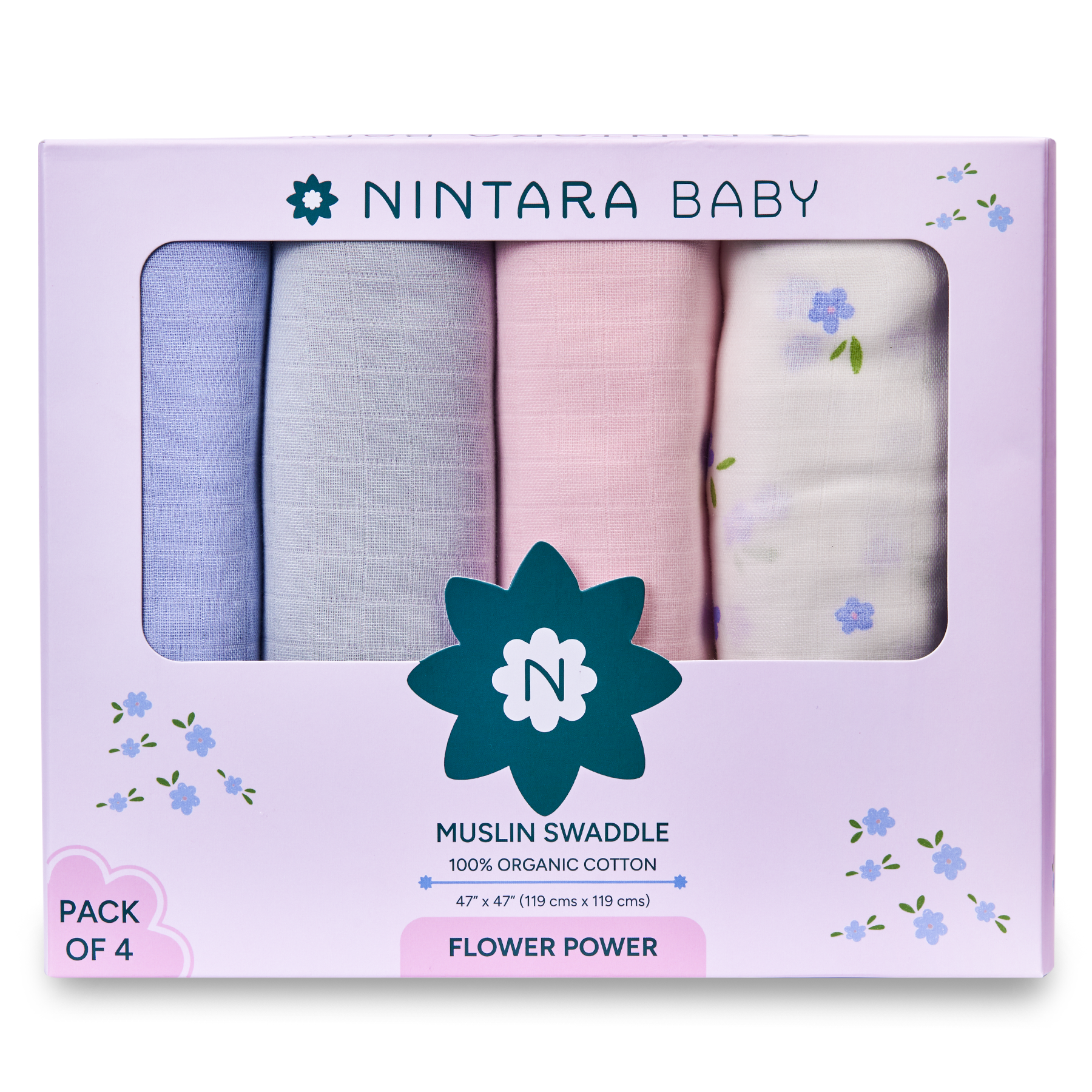 Nintara Baby Extra-Large Swaddle - 100% Organic Premium Muslin Cotton, 47" x 47" (119 cm x 119 cm), Ultra-Soft, Breathable & Lightweight, Multipurpose, Unisex, Hypoallergenic, Gifts for Newborn Babies