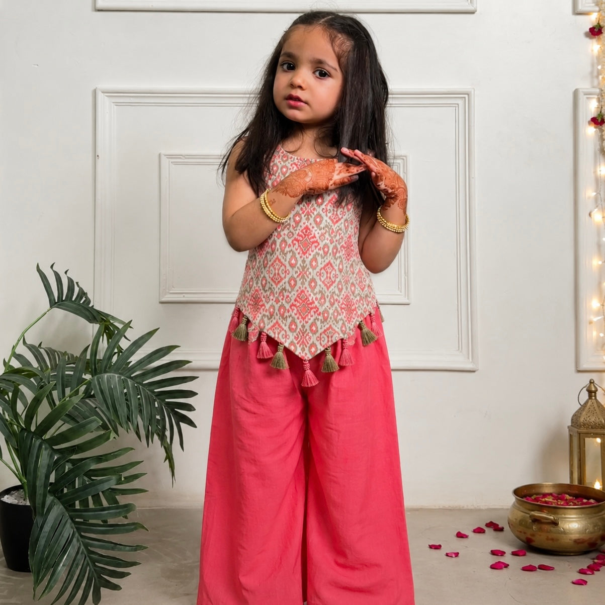 Girls Cotton Palazzo Set - Multiple Designs - Pink Ikkat design