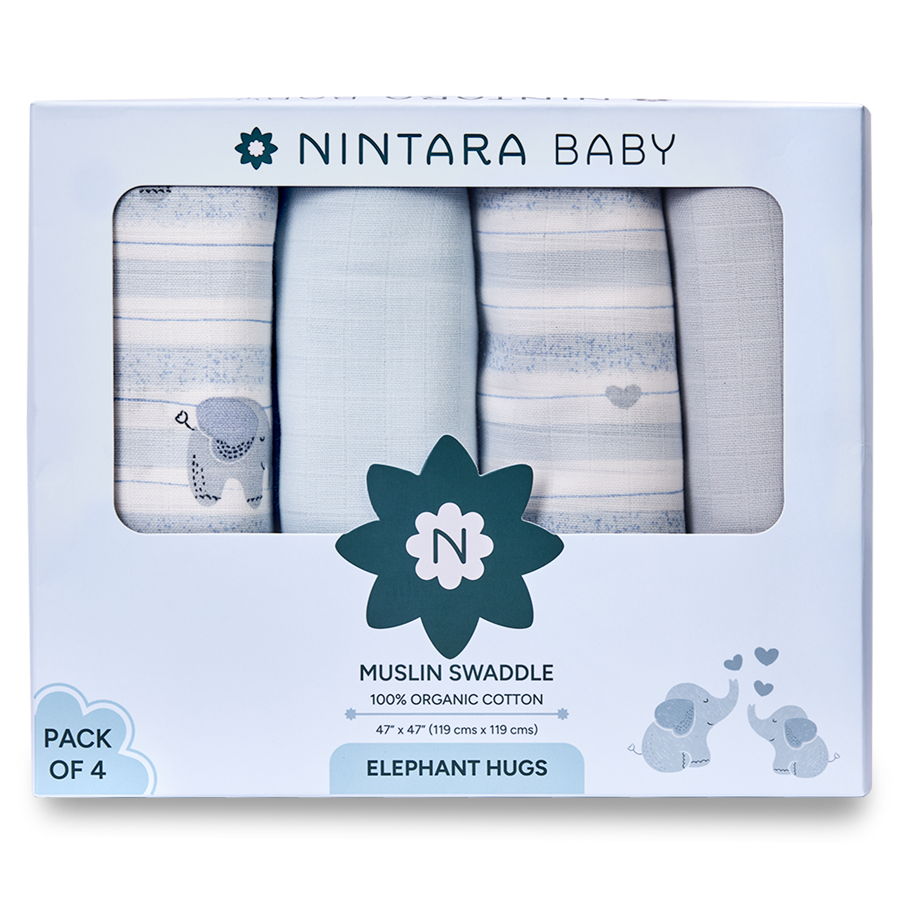 Nintara Baby Extra-Large Swaddle - 100% Organic Premium Muslin Cotton, 47" x 47" (119 cm x 119 cm), Ultra-Soft, Breathable & Lightweight, Multipurpose, Unisex, Hypoallergenic, Gifts for Newborn Babies