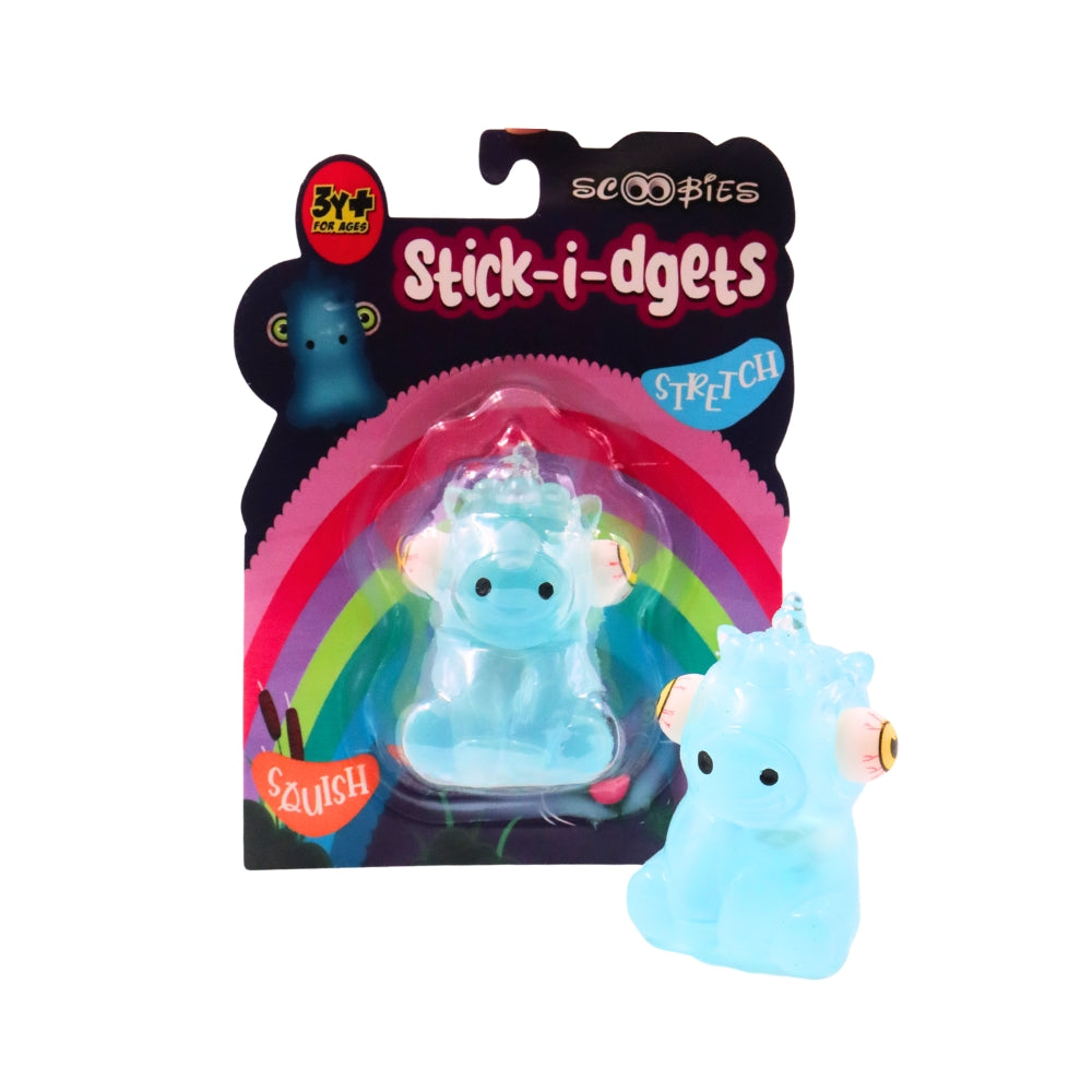 Scoobies Stick-i-dgets | Pack of 1 | Available in unicorn shape with vibrant blue color | Soft and squishy with glow in the dark feature | Squeeze it and its eyes pop out | Good for hand muscle exercises and fidgeting