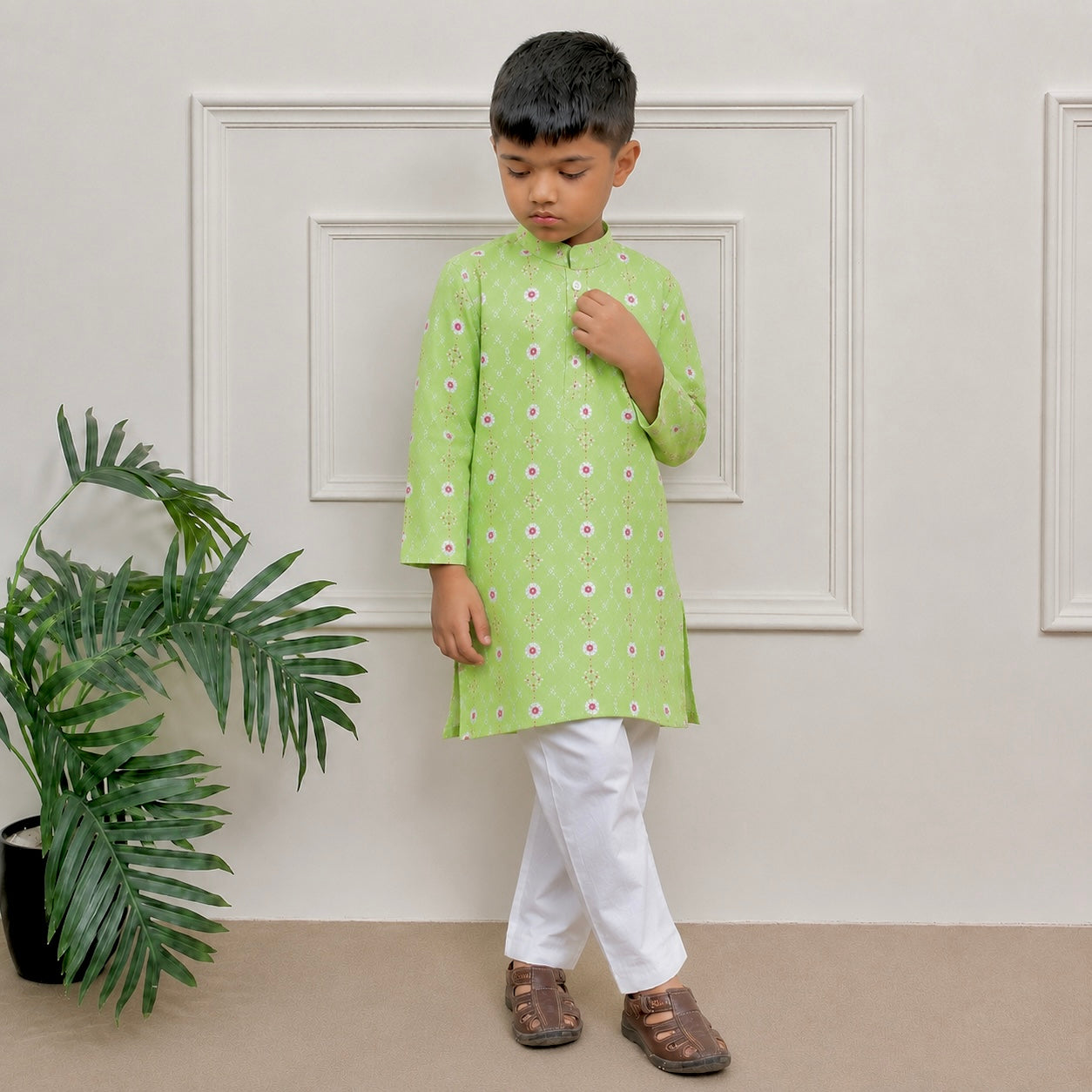 Boys Cotton Kurta Set - Multiple Designs - Green Bandhani design