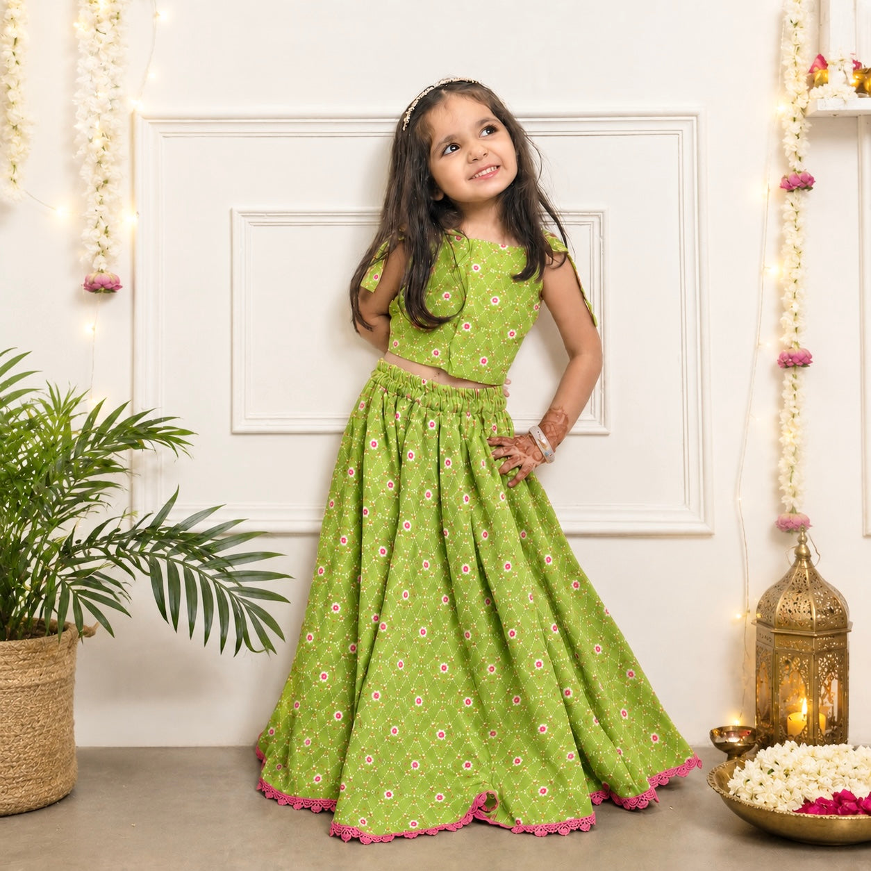 Girls Cotton Lehenga Set - Multiple Designs - Green Bandhani design