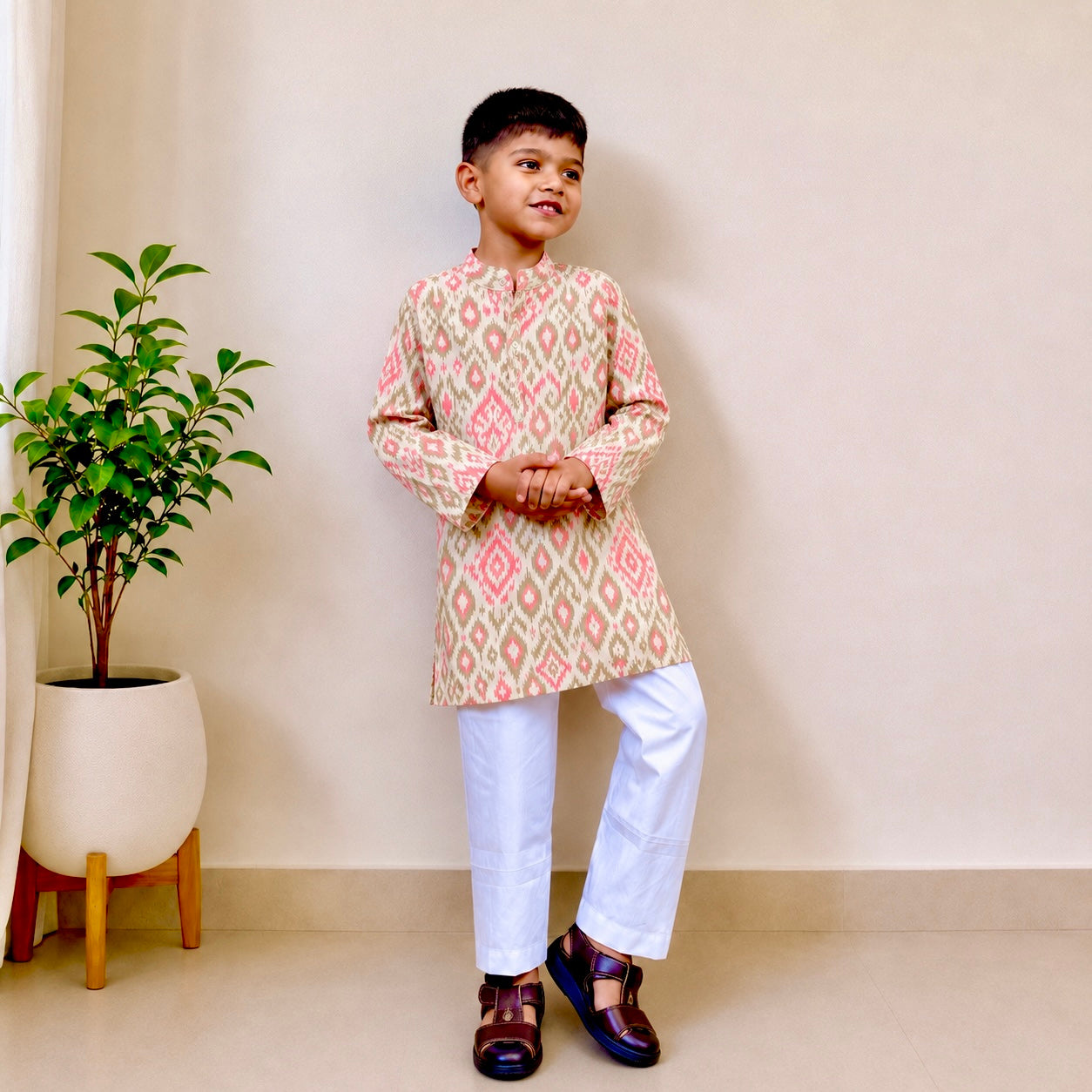 Boys Cotton Kurta Set - Multiple Designs - Pink Ikkat design