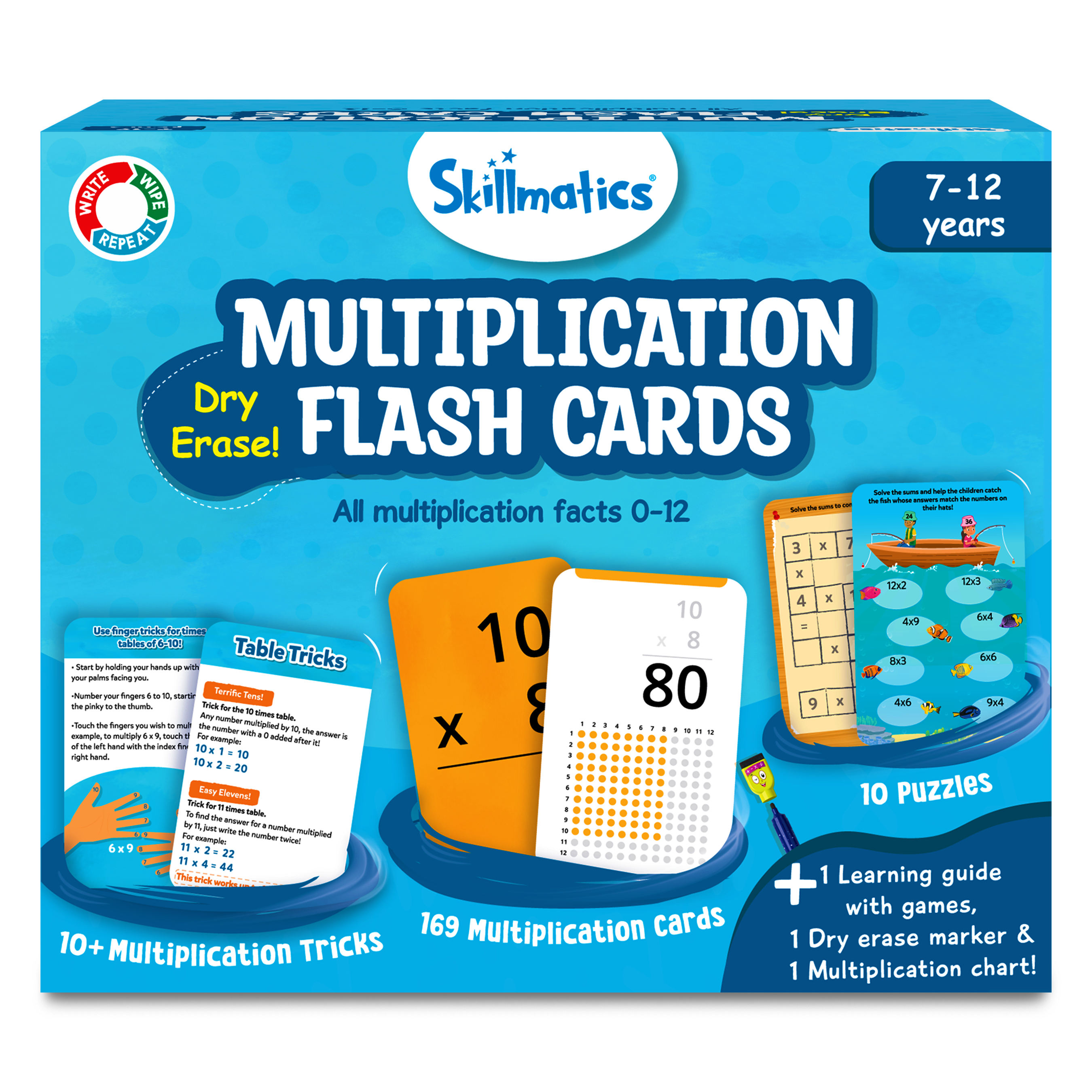 Skillmatics Multiplication Flash Cards (Numbers 0-12) - 169 Cards with Dry Erase Marker, 2nd to 6th Grade Math Practice, Bonus Puzzles, Tips, Tricks, Games & Chart Included