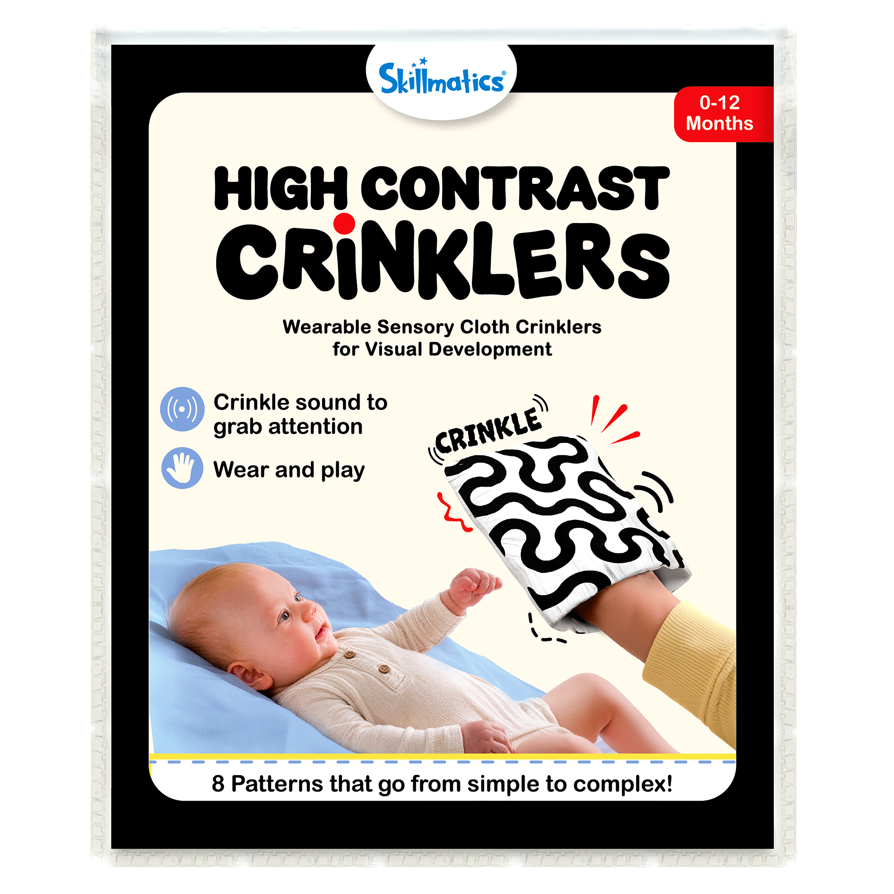 High Contrast Crinkle Toy – 4 Wearable Black & White Sensory Cloth Crinklers
