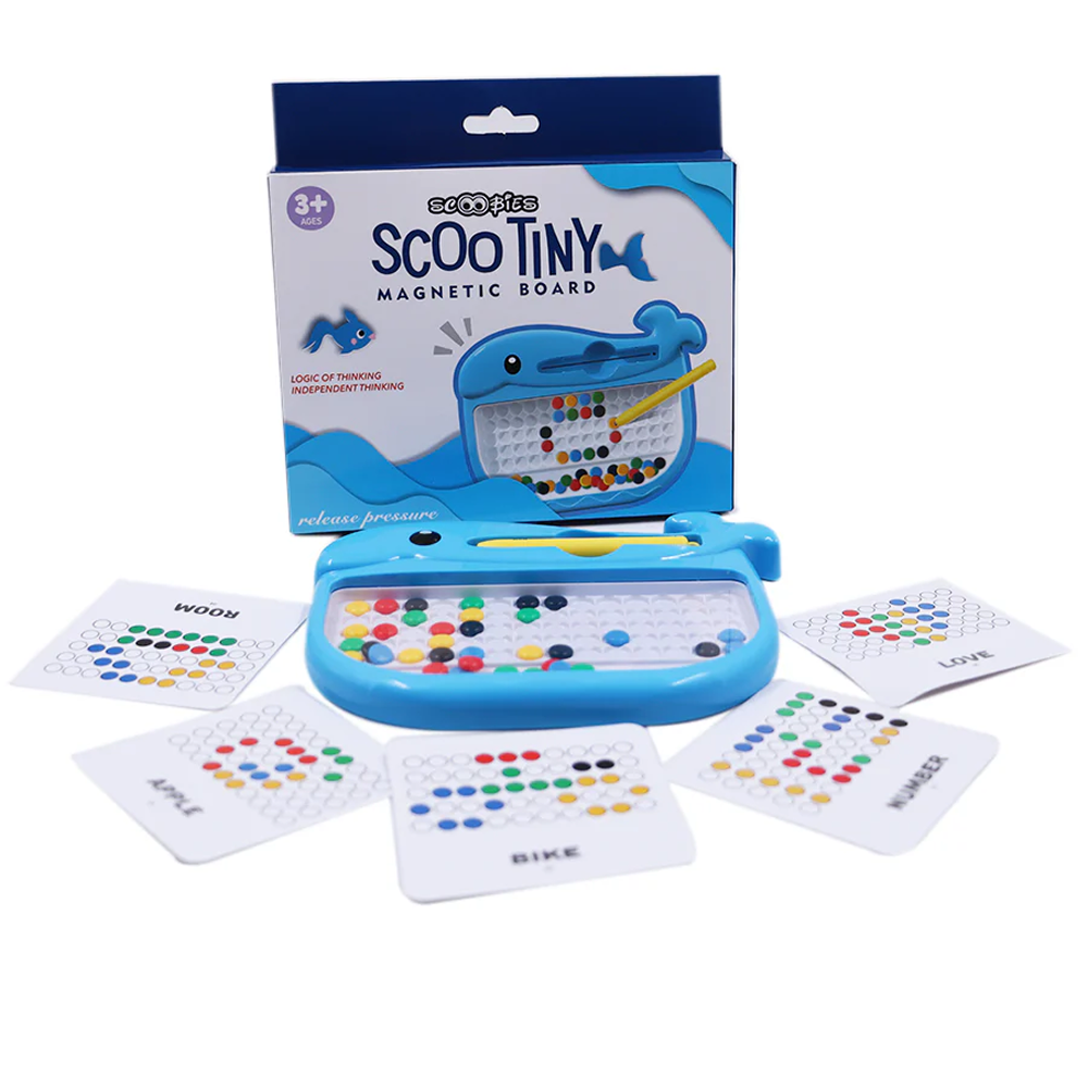 Scoo Tiny - Whale Shaped Magnetic Board with 45 Colorful Beads, 10 Pattern Sheets & a Stylus