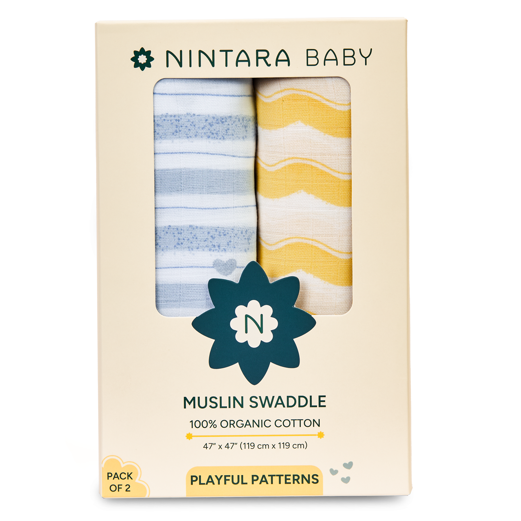 Nintara Baby Extra-Large Swaddle - 100% Organic Premium Muslin Cotton, 47" x 47" (119 cm x 119 cm), Ultra-Soft, Breathable & Lightweight, Multipurpose, Unisex, Hypoallergenic, Gifts for Newborn Babies