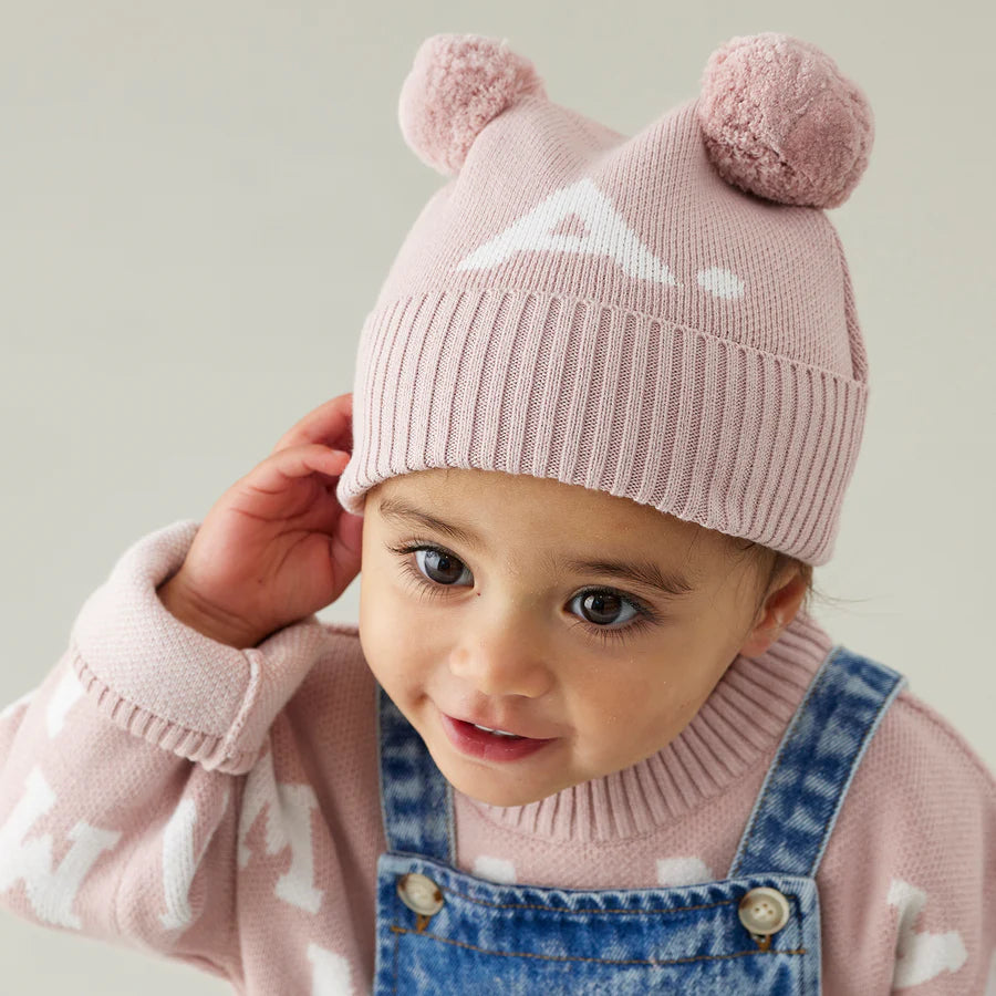 Double Pom Pom Beanie - Ballet; Letter: Ivory