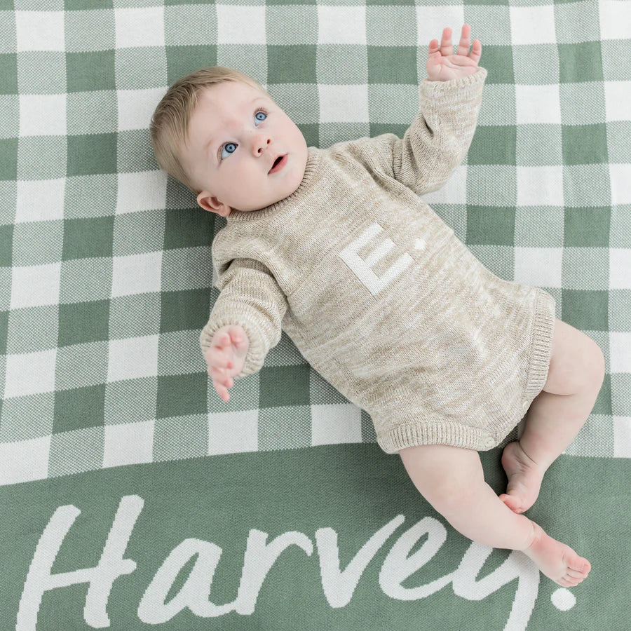 Gingham Name Blanket - Lily Pad; Letter: Ivory