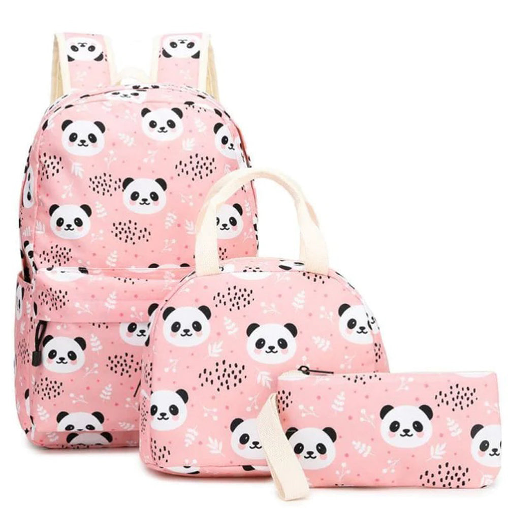 Mini Panda Faces 3 Pcs Matching Backpack With Lunch Bag & Stationery Pouch, Peach