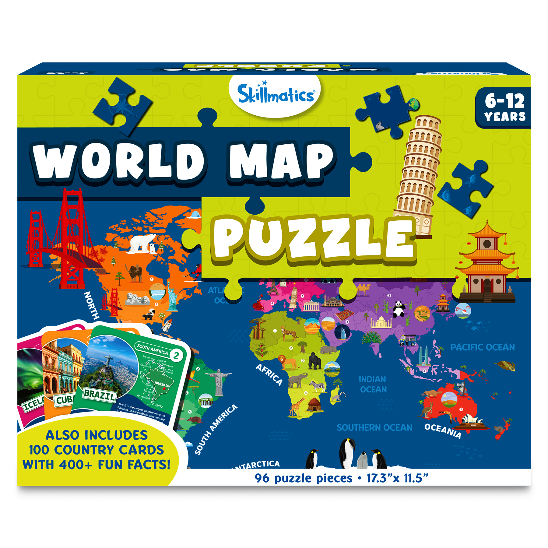 Skillmatics World Map Puzzle - 96 Piece Jigsaw Puzzle, Educational Toy For Learning 400+ Facts About 100 Countries, Gifts For Ages 6 To 12