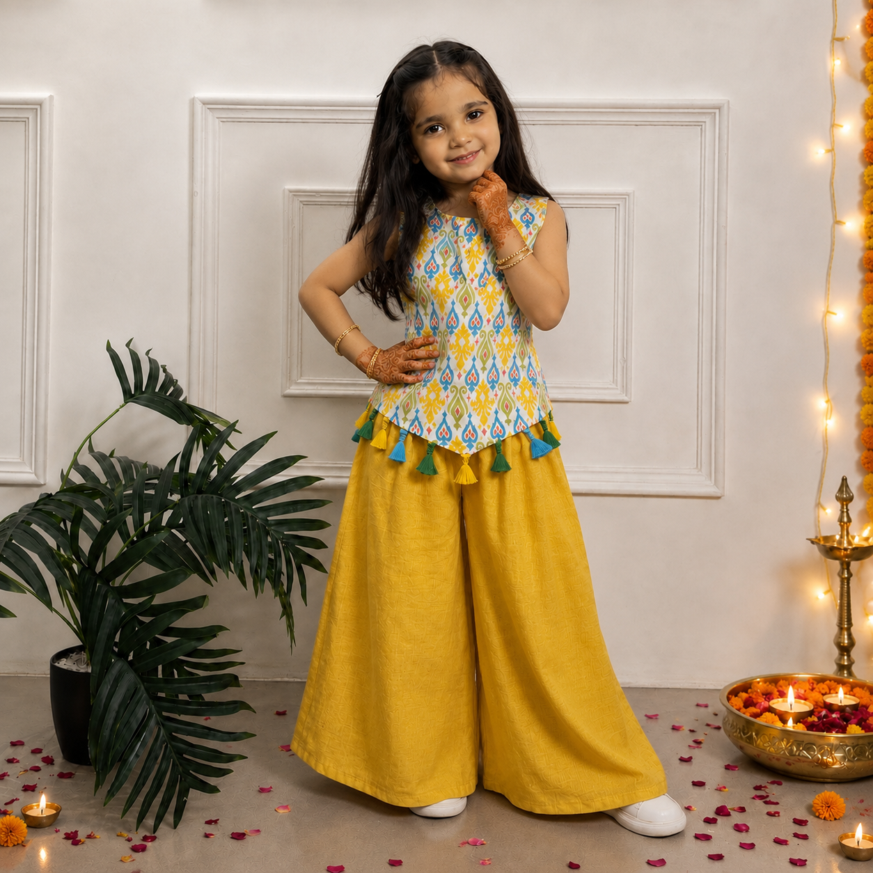 Girls Cotton Palazzo Set - Multiple Designs - Colorful Ikkat design