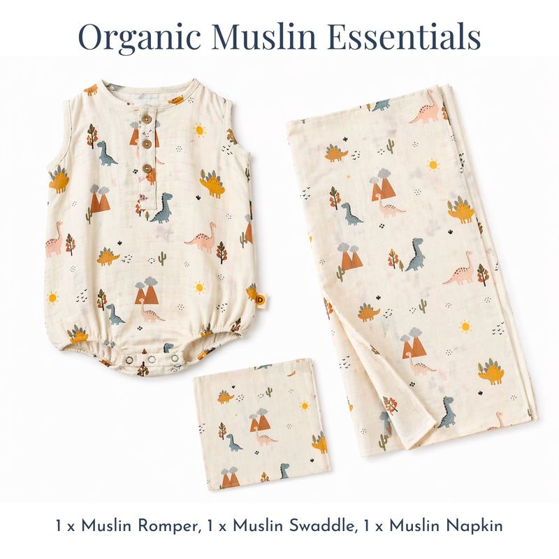 Organic Muslin Essentials (Set of 3) - 1 Swaddle + 1 Romper + 1 Face Napkin