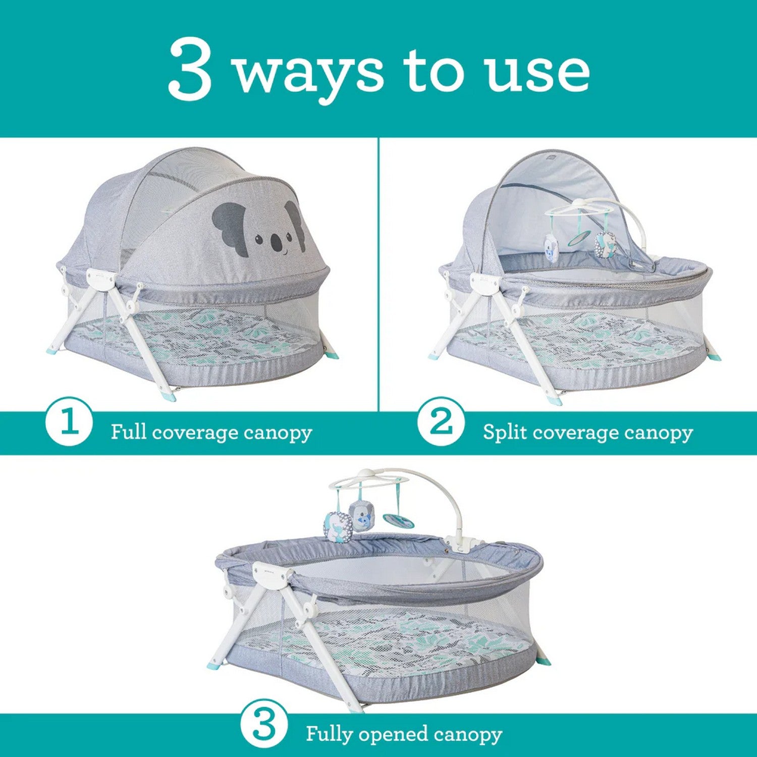 Infantino Sweet Dreams Fold & Go 3 ways to use Bassinet, Compact with hanging toys for baby 0 to Months, Grey Grey Birth to 9 months