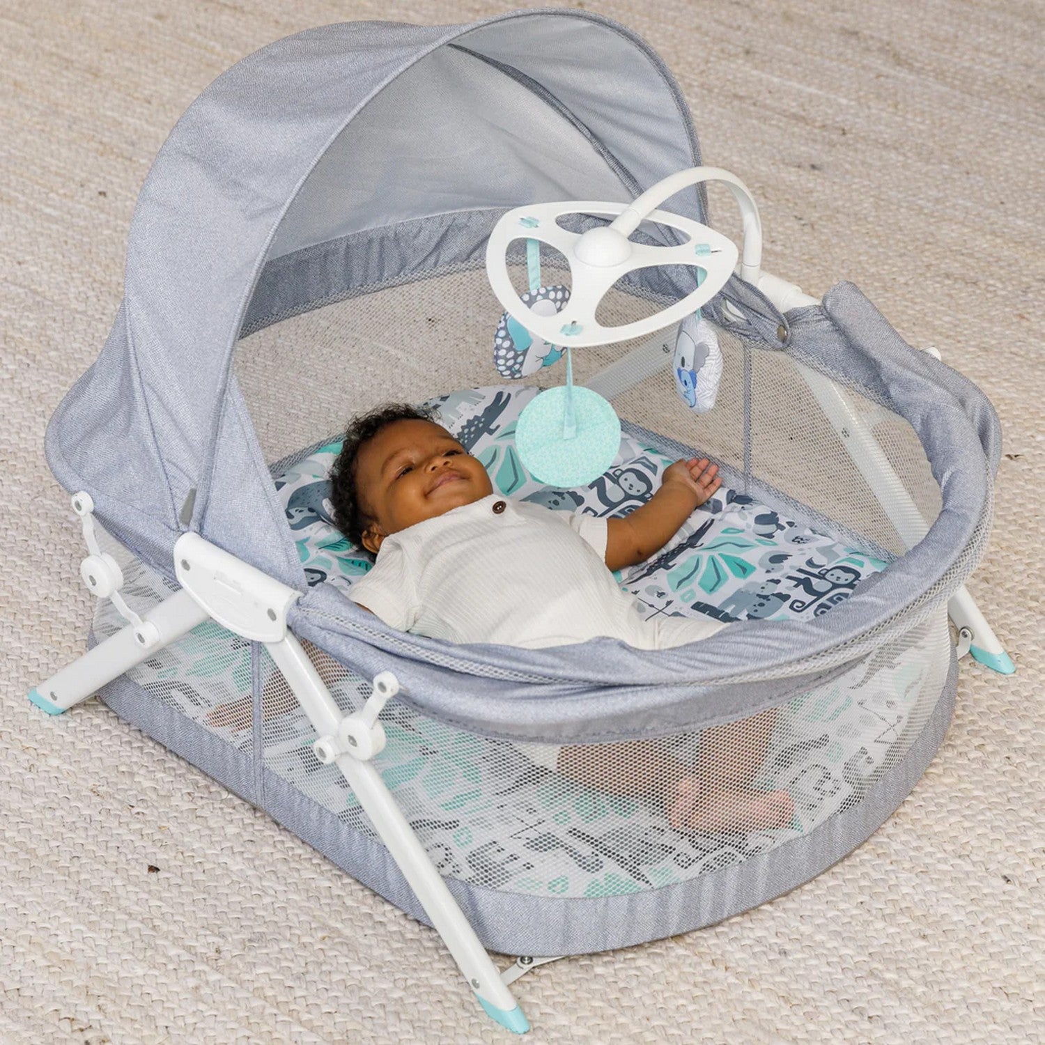 Infantino Sweet Dreams Fold & Go 3 ways to use Bassinet, Compact with hanging toys for baby 0 to Months, Grey Grey Birth to 9 months