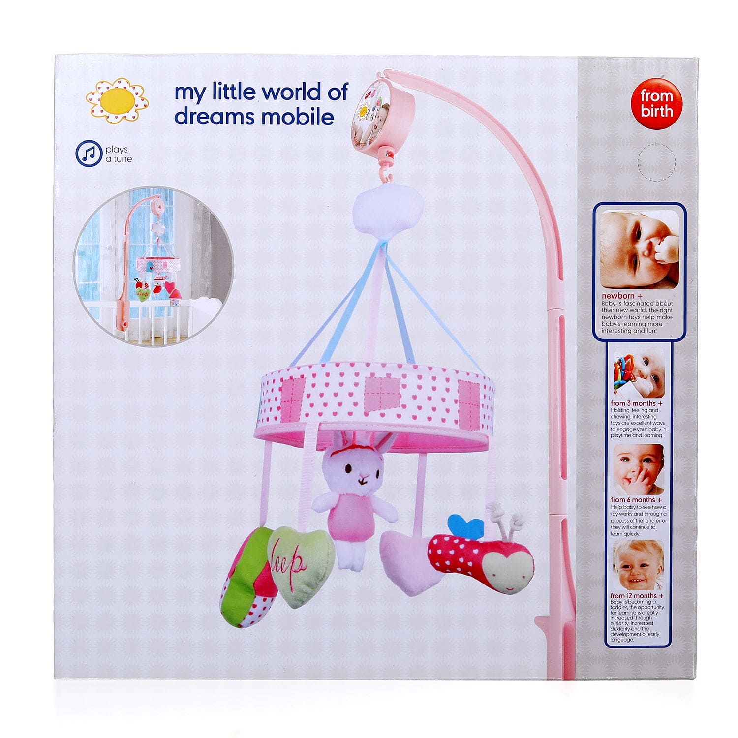 Rabbit Premium Musical Rotating Cot Mobile With Hanging Rattle Toys - Pink - Baby Moo