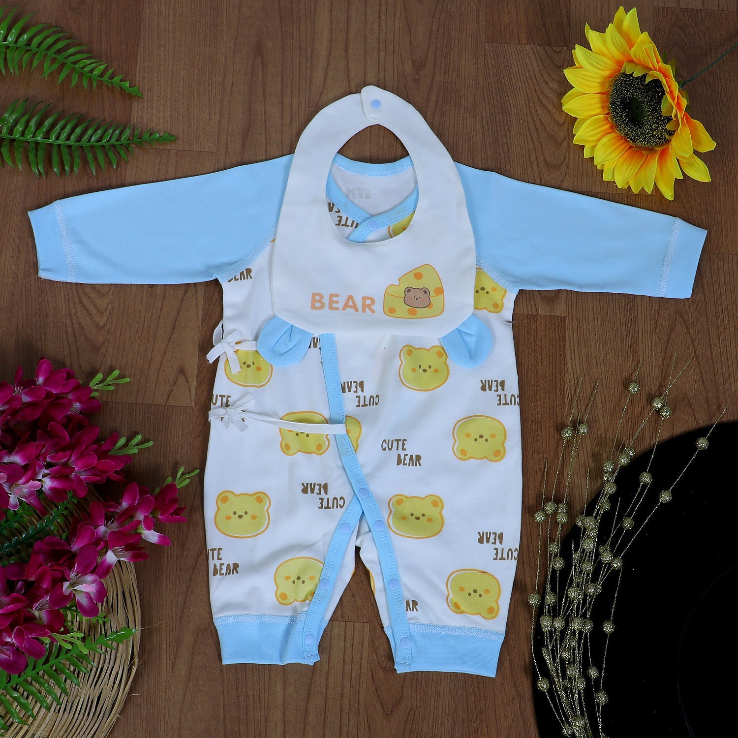 Cute Bear Full Sleeves One-Piece Body Suit With Snap Buttons Tie Knot And Matching Bib - Blue - Baby Moo