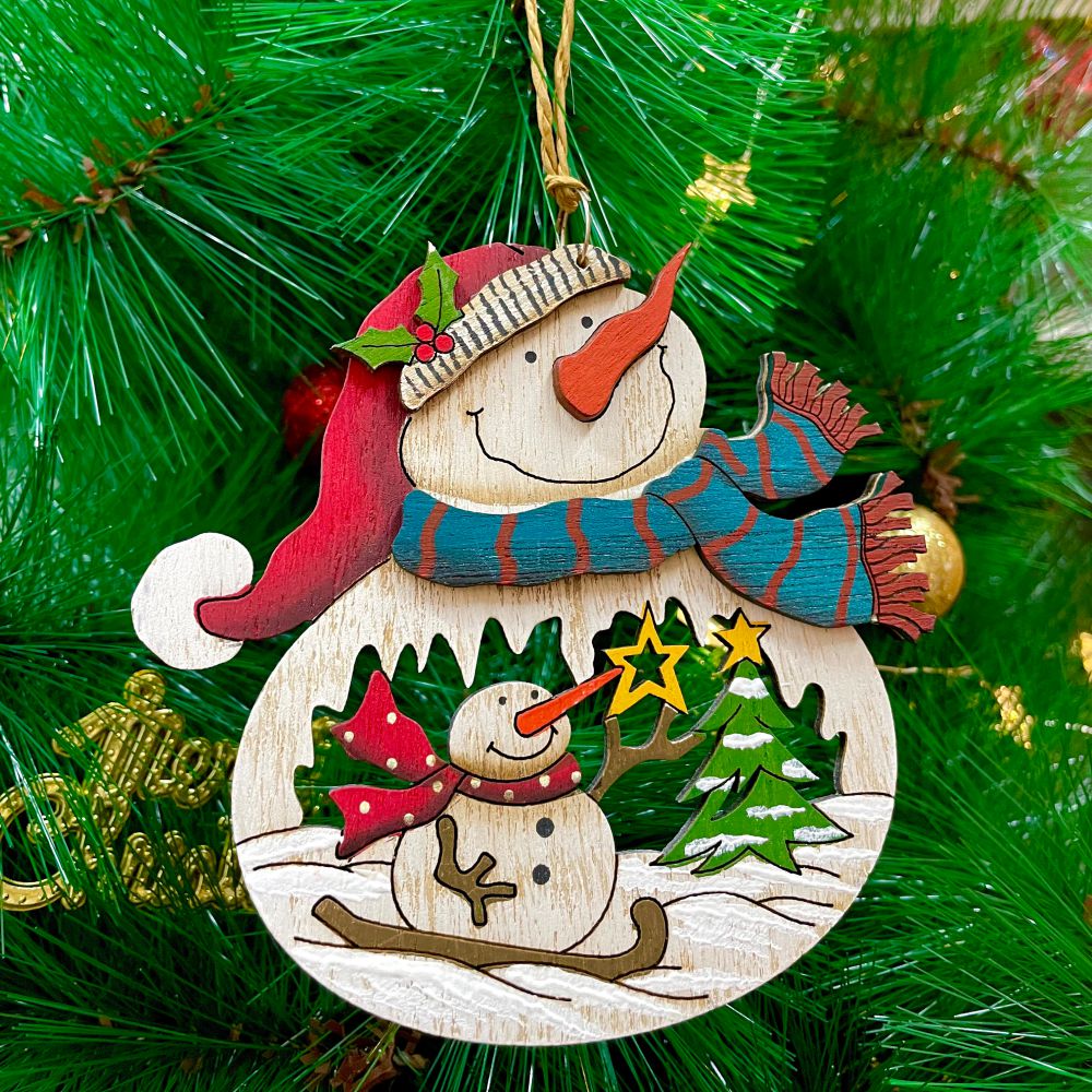 Wooden Sleigh Ornament - Snowman