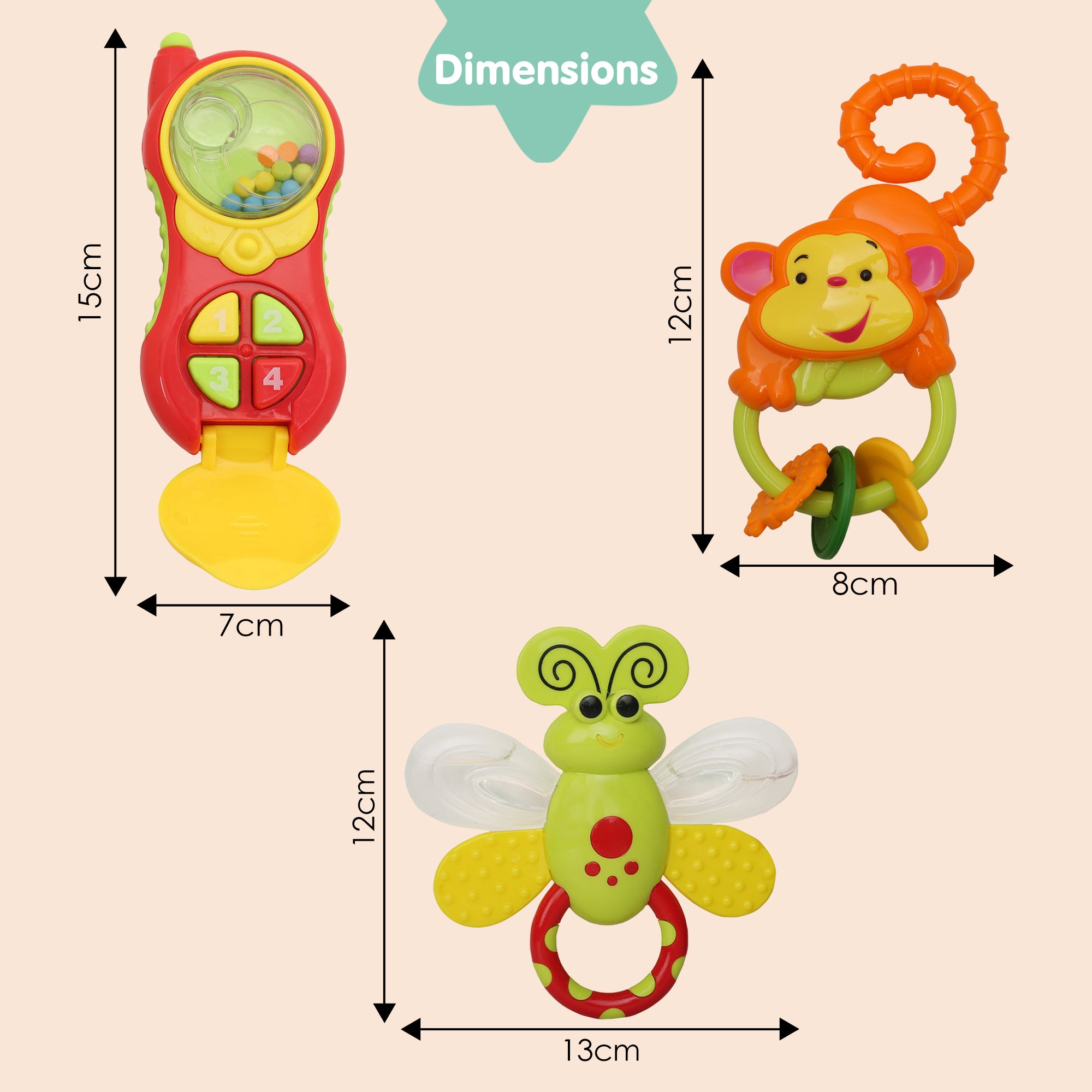 Baby Moo Monkey Bee And Phone Multicolour Set of 3 Musical Rattle Toys