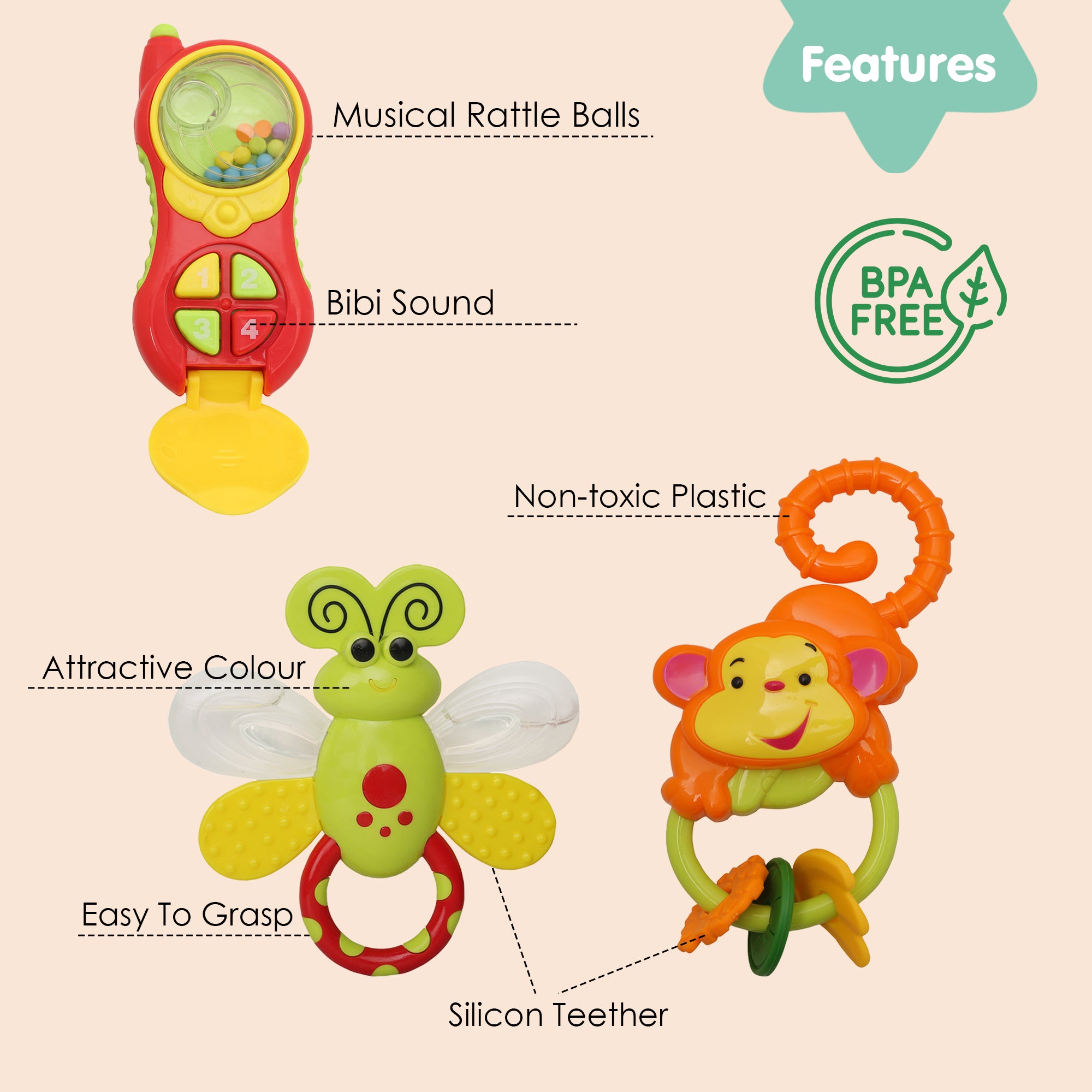 Baby Moo Monkey Bee And Phone Multicolour Set of 3 Musical Rattle Toys