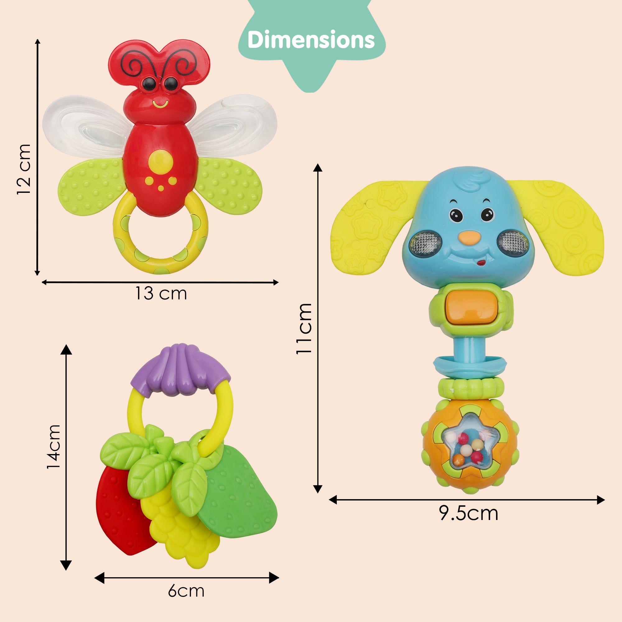 Baby Moo Animal And Fruit Multicolour Set of 3 Musical Rattle Teether