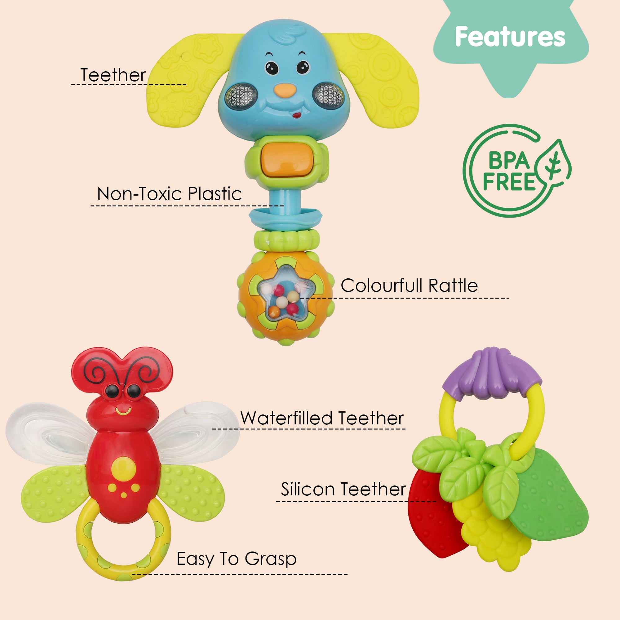 Baby Moo Animal And Fruit Multicolour Set of 3 Musical Rattle Teether