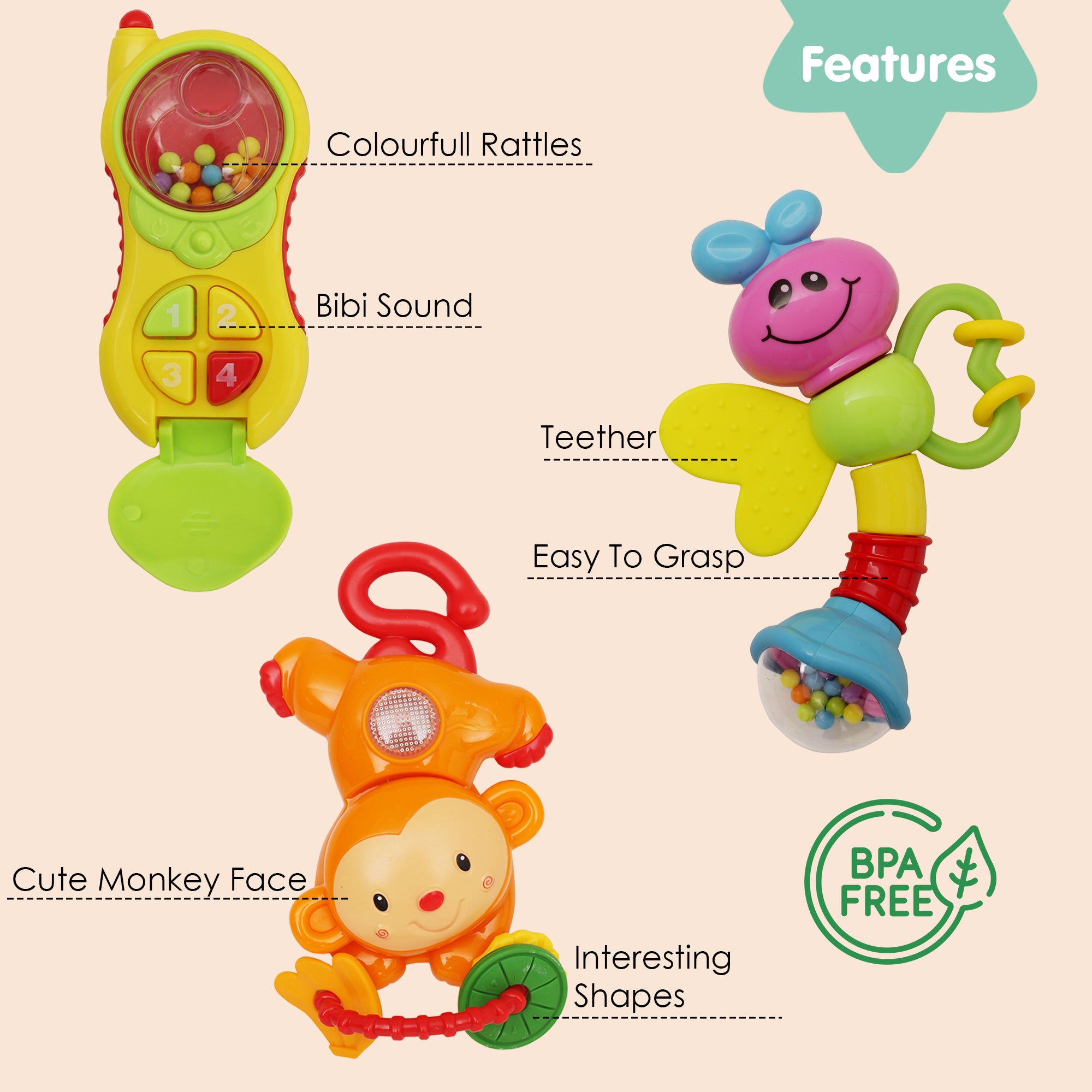 Baby Moo Phone Monkey And Butterfly Multicolour Set of 3 Rattle Toys