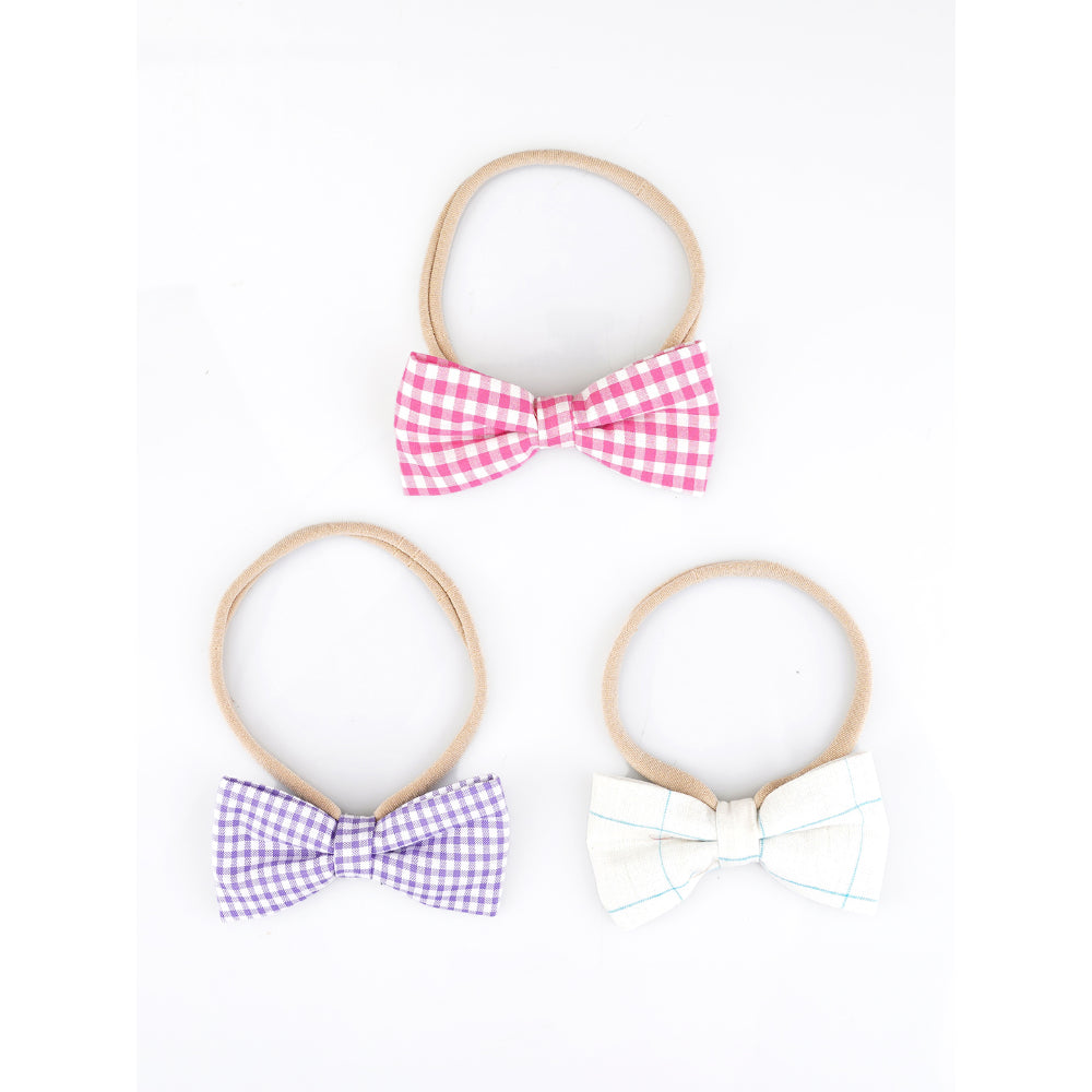 Floral Charm Collection - Set of 3 Black Nylon Hair-Ties with Cotton Bows (Grey and Floral Prints)