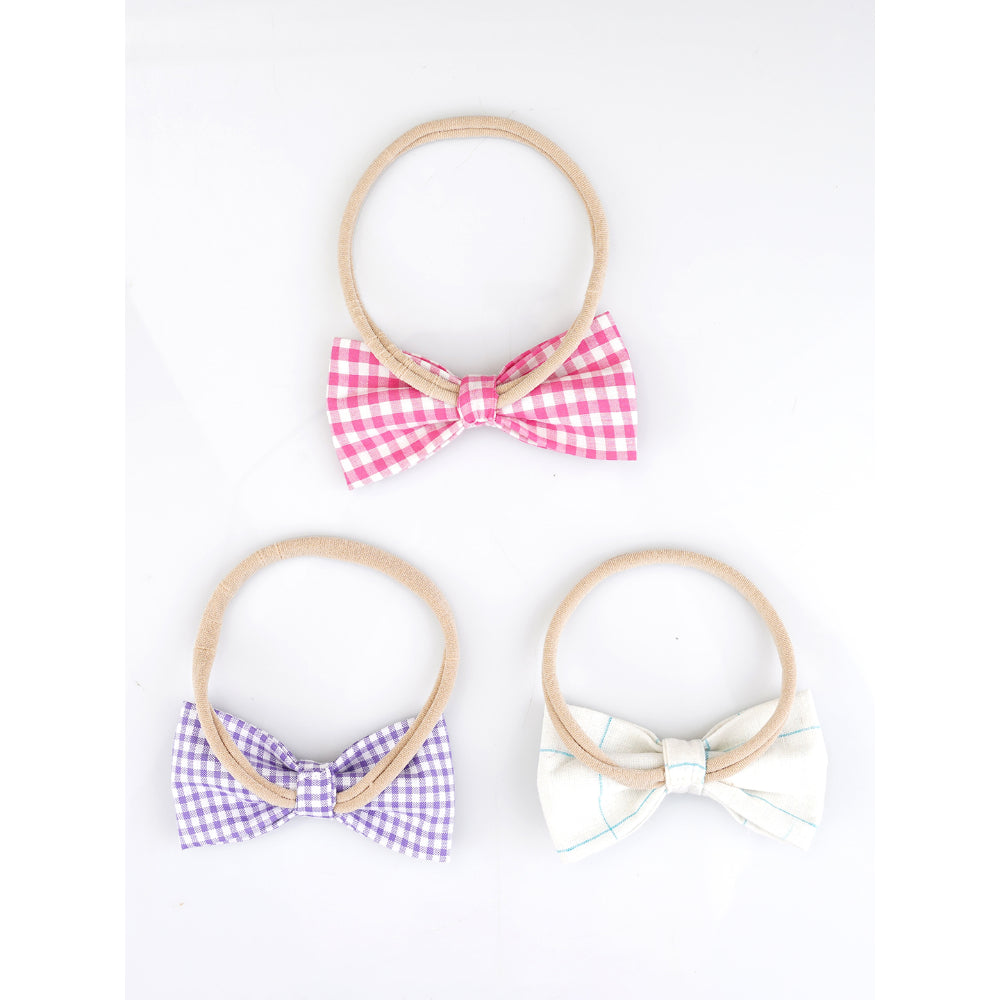 Floral Charm Collection - Set of 3 Black Nylon Hair-Ties with Cotton Bows (Grey and Floral Prints)