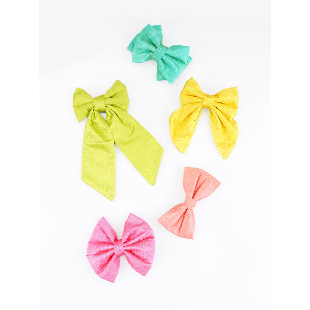 Sustainable Silk Bow Alligator Hairclip Set - Eco-Chic - Set of Five Hairclips (Yellow, Emerald Green, Blush Pink, Coral Peach and Olive)