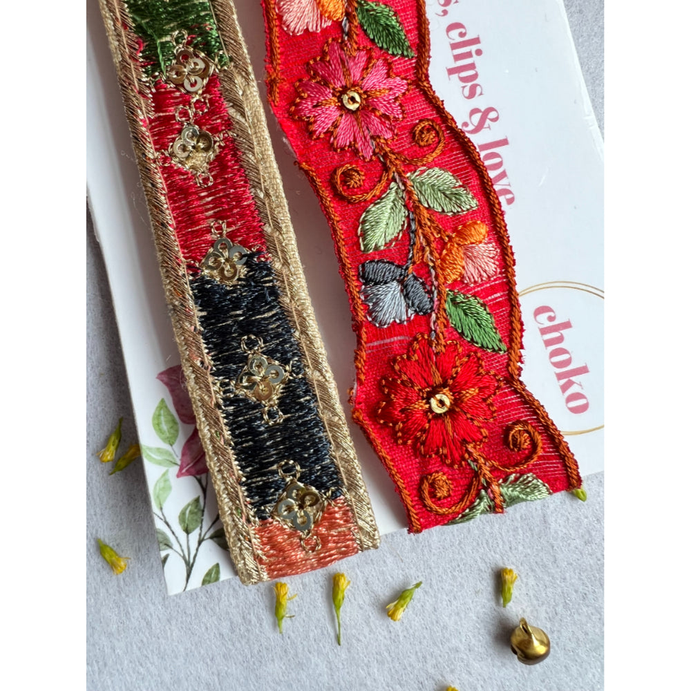 Embroidered Tapestry Hair Band Set - Bright Orange and Multi-Colored Embroidery - Set of 2