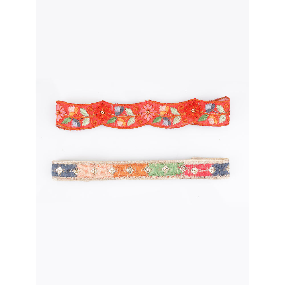 Embroidered Tapestry Hair Band Set - Bright Orange and Multi-Colored Embroidery - Set of 2