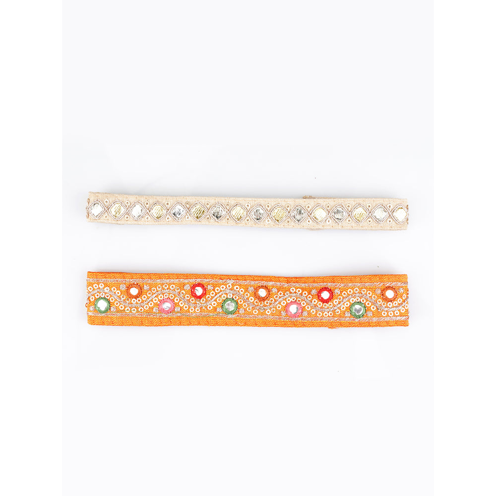 Mirrorwork Tapestry Hair Band Set- Yellow With Off-White Embroidery And Mirror Work- Set Of 2