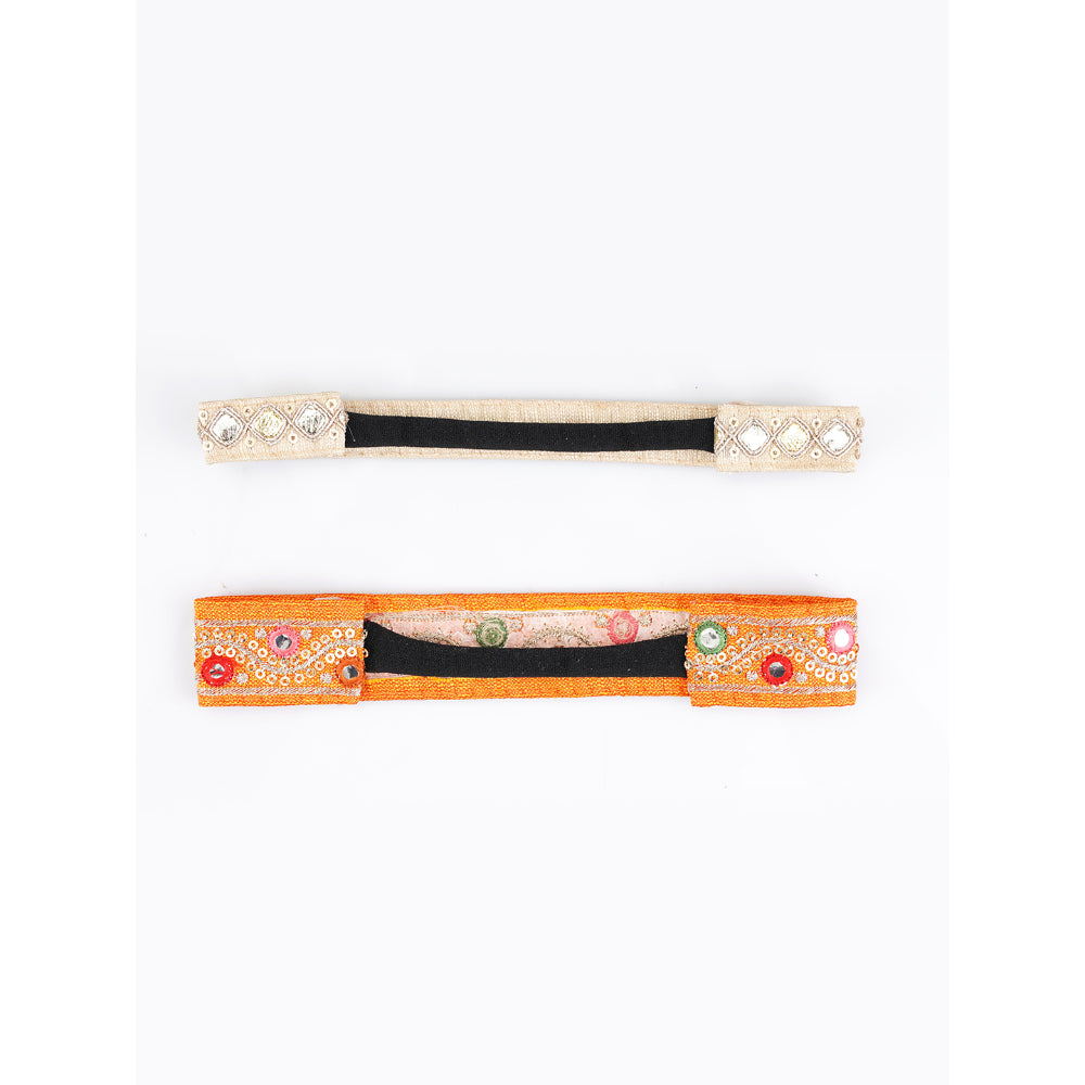 Mirrorwork Tapestry Hair Band Set- Yellow With Off-White Embroidery And Mirror Work- Set Of 2