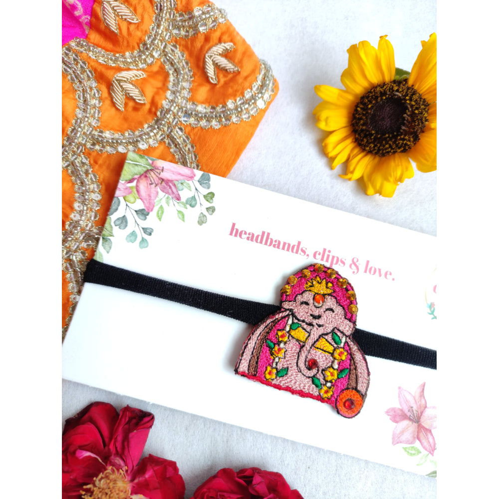 Embroidered Ganesha Bliss Hairtie - Black Nylon Hairband With Thread And Crystal Embellishments - Pink, Orange, Yellow