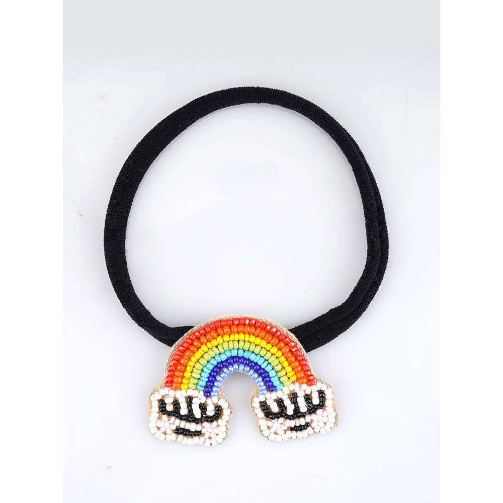 Rainbow Cloud Beaded Hair Tie - Black Nylon Band with Beads and Crystals - White, Red, Yellow, Blue