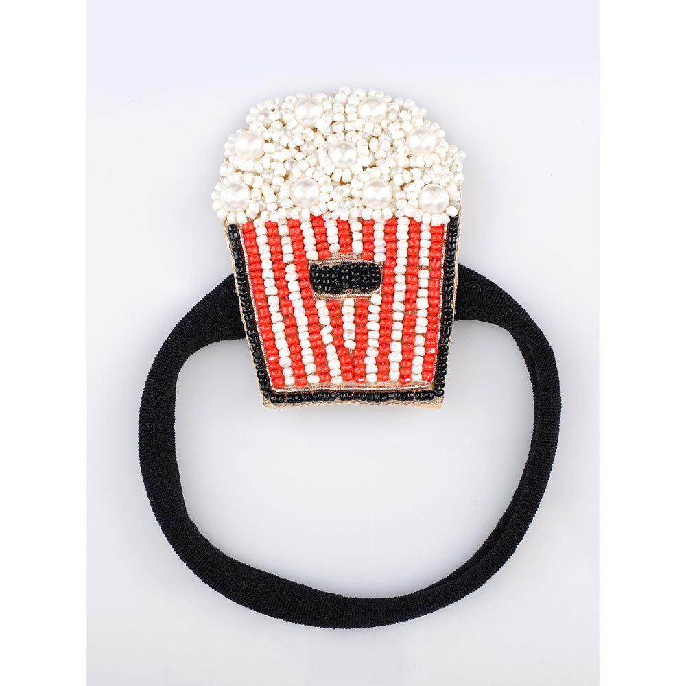 Popcorn Fiesta Beaded Hair Tie - Black Nylon Band with Bead Popcorn Motif (Red, White, Black)