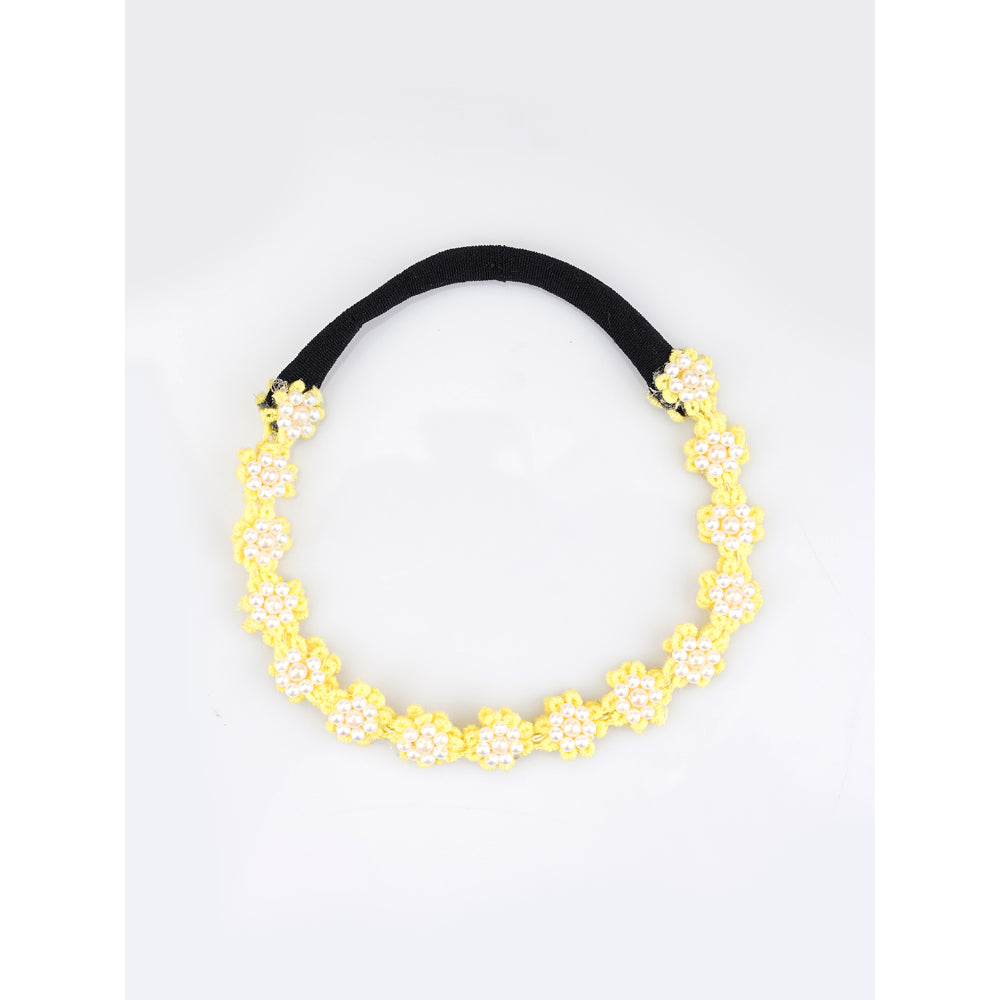 Yellow Floral Beaded Hair Band - Sunshine Blooms - Yellow With Cream And White Pearls