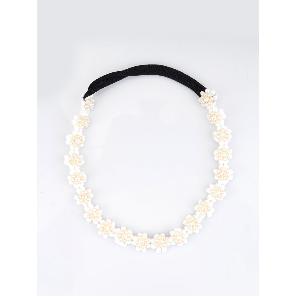 White Floral Beaded Hair Band - Pearl Blossom - White With Cream And White Pearls