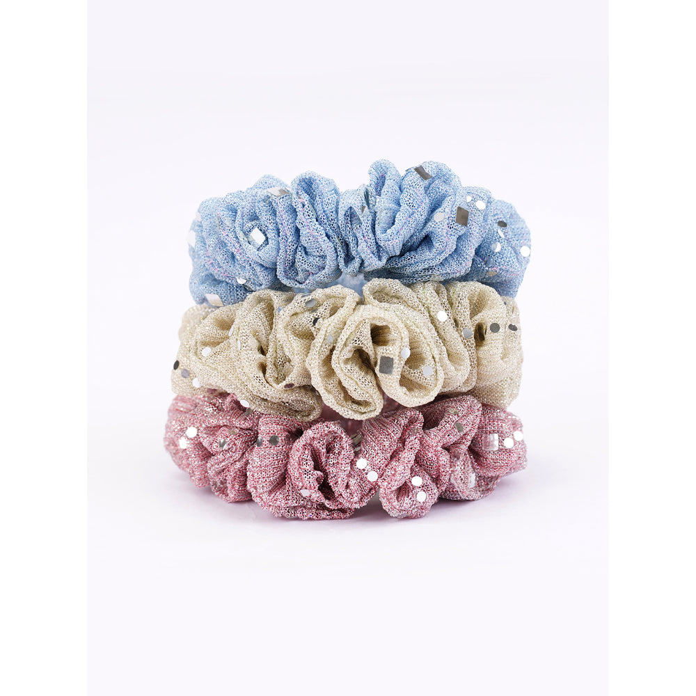 Shimmery Lycra Splendor - Pastel Shades Scrunchie Set - Pack of 3 - Blue, Brown, Cream