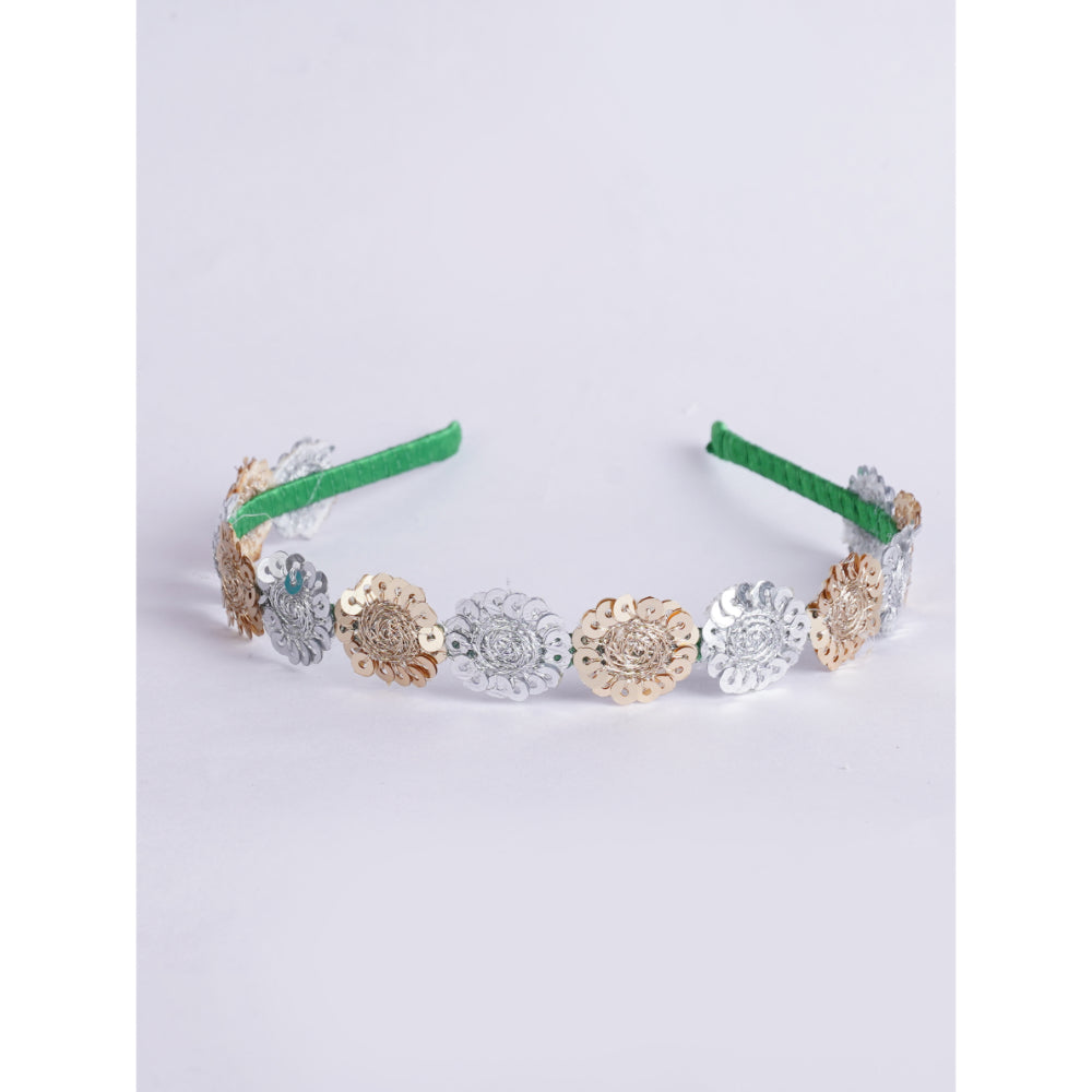 Floral Threaded Sequin Hairband - Green, Gold, Silver
